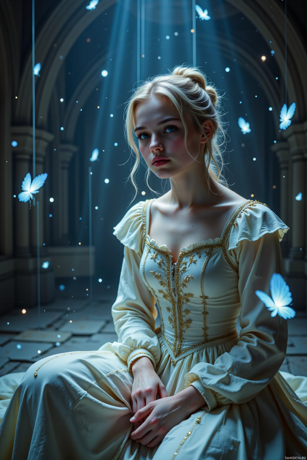 A woman in a white, ornate gown sits in a dimly lit, cathedral-like setting with glowing butterflies and light beams.
