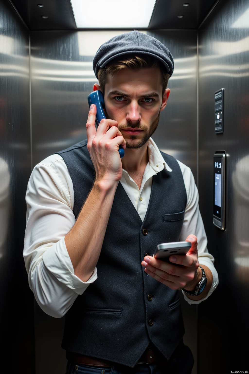 A man in a hat and vest is using a phone in an elevator.