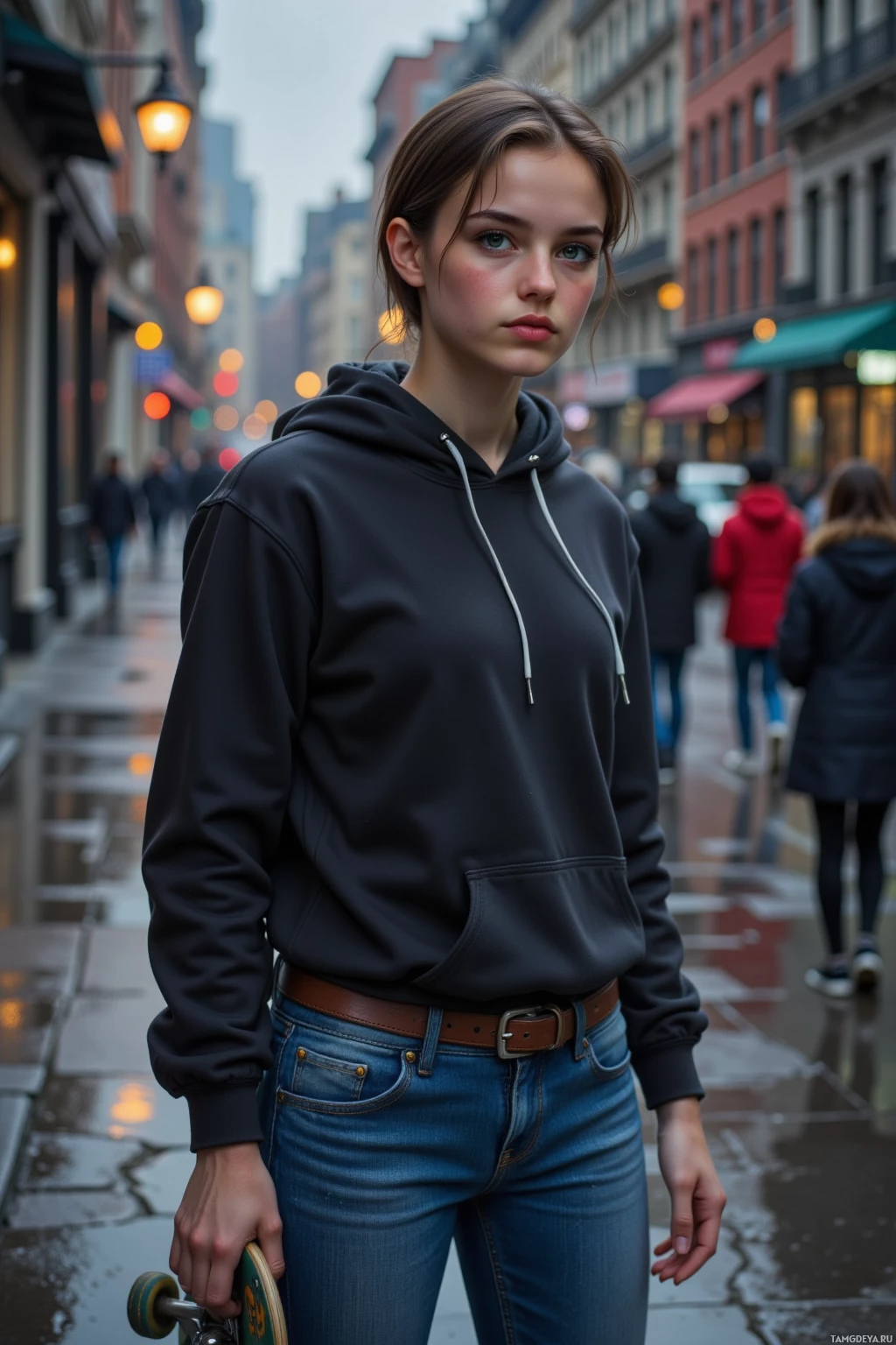 A person wearing a black hoodie and jeans stands on a city street.