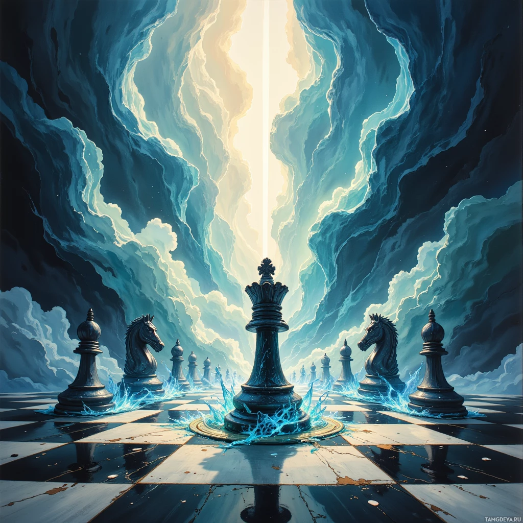 A surreal chessboard scene with glowing light and floating chess pieces.