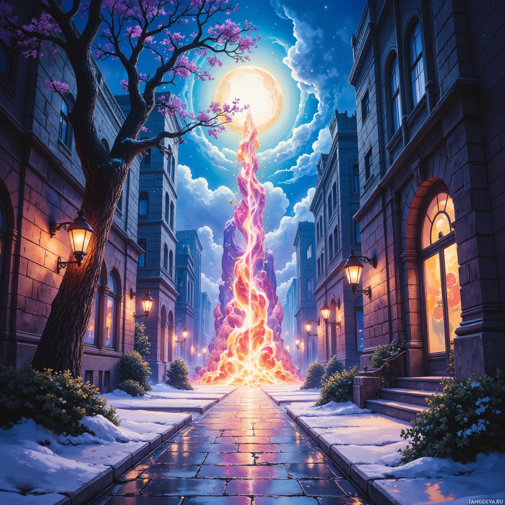 A magical city street at night with a glowing, fiery portal in the distance.