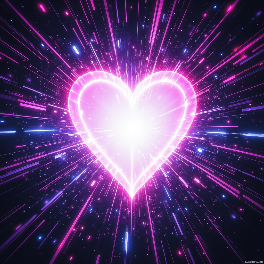 A glowing heart with radiating light streaks against a dark background.