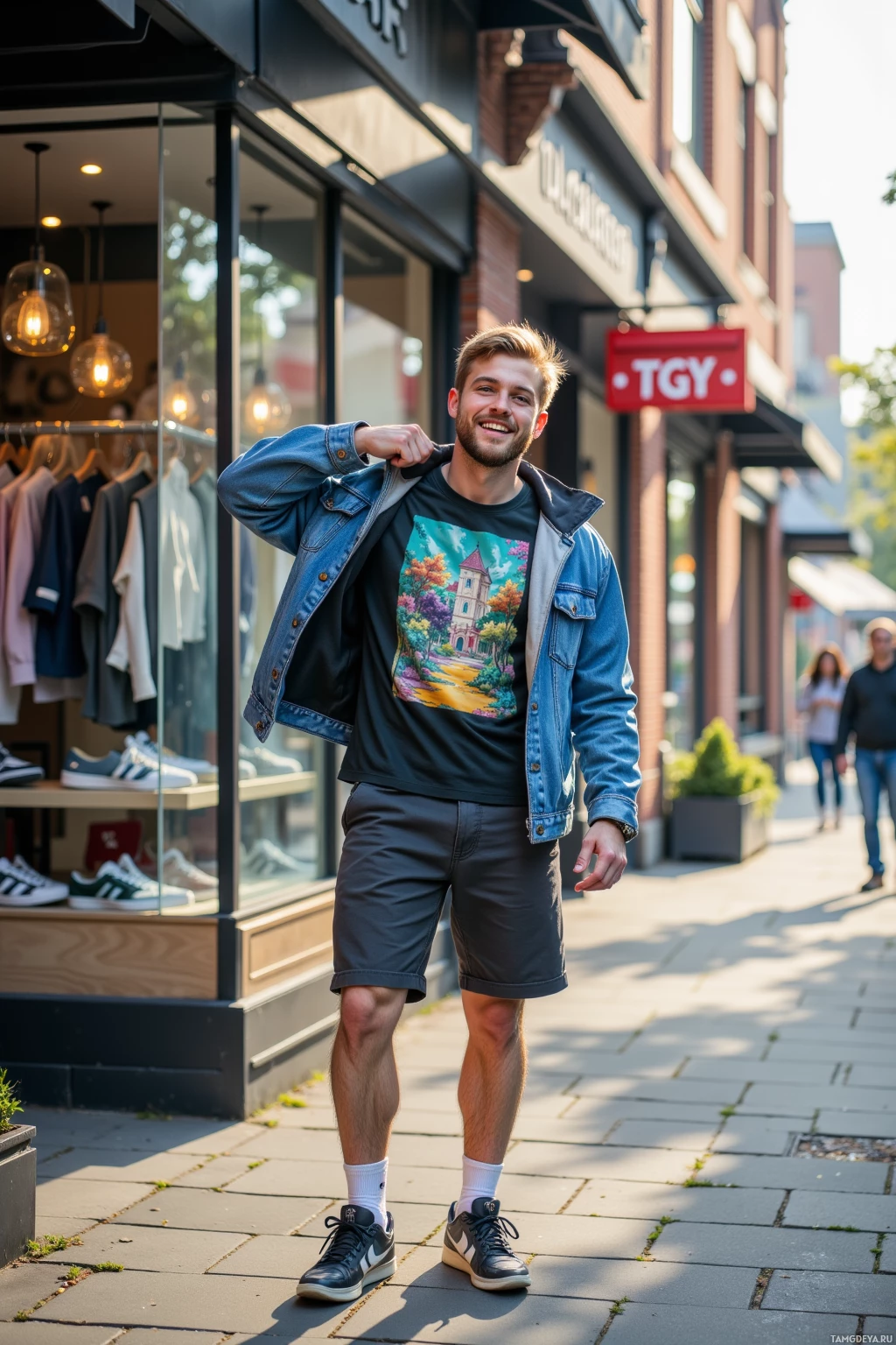 A man stands on a sidewalk in front of a store, wearing a denim jacket, graphic t-shirt, shorts, and sneakers.