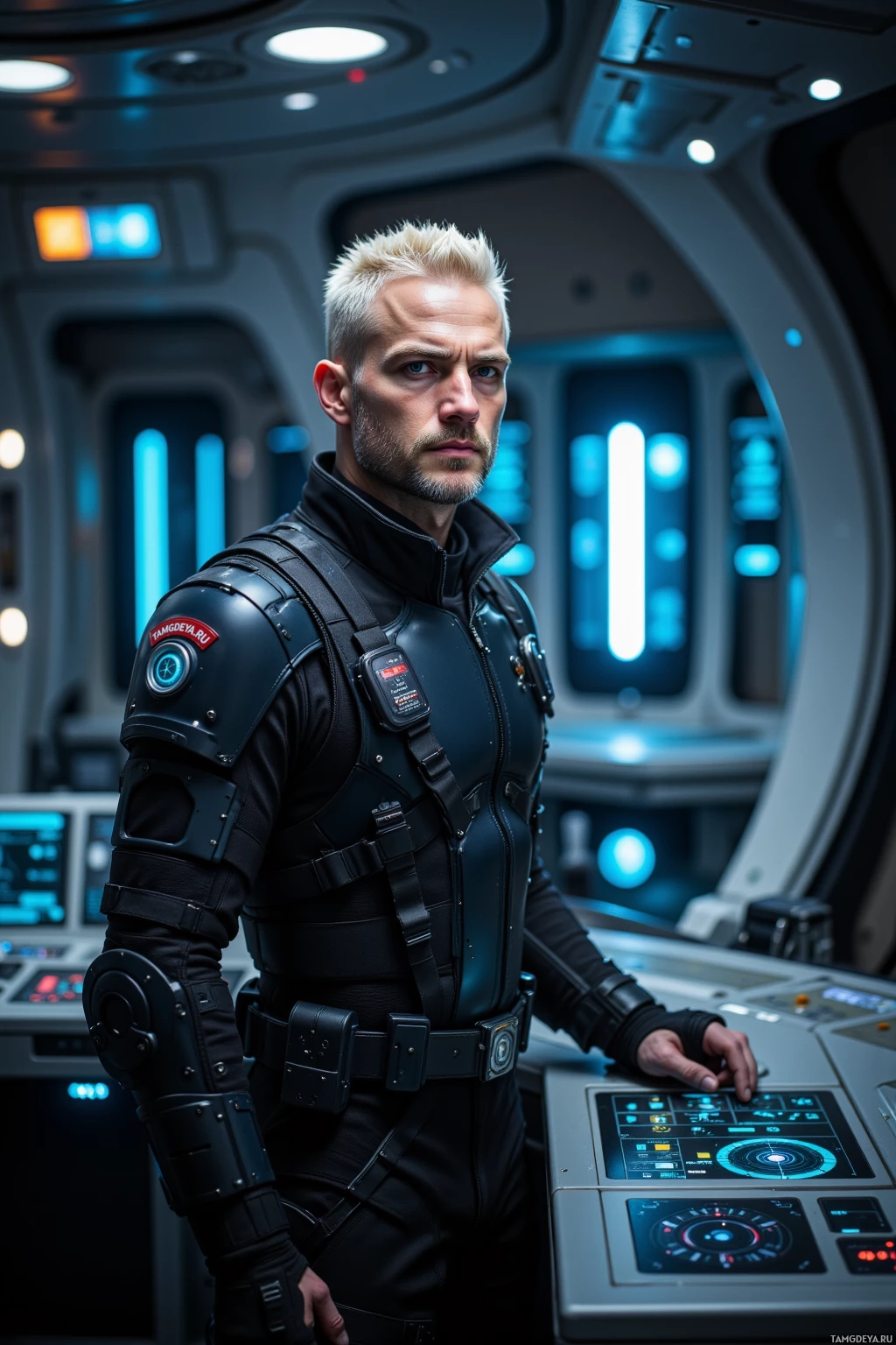 A person in a futuristic, armored suit stands in a high-tech control room.