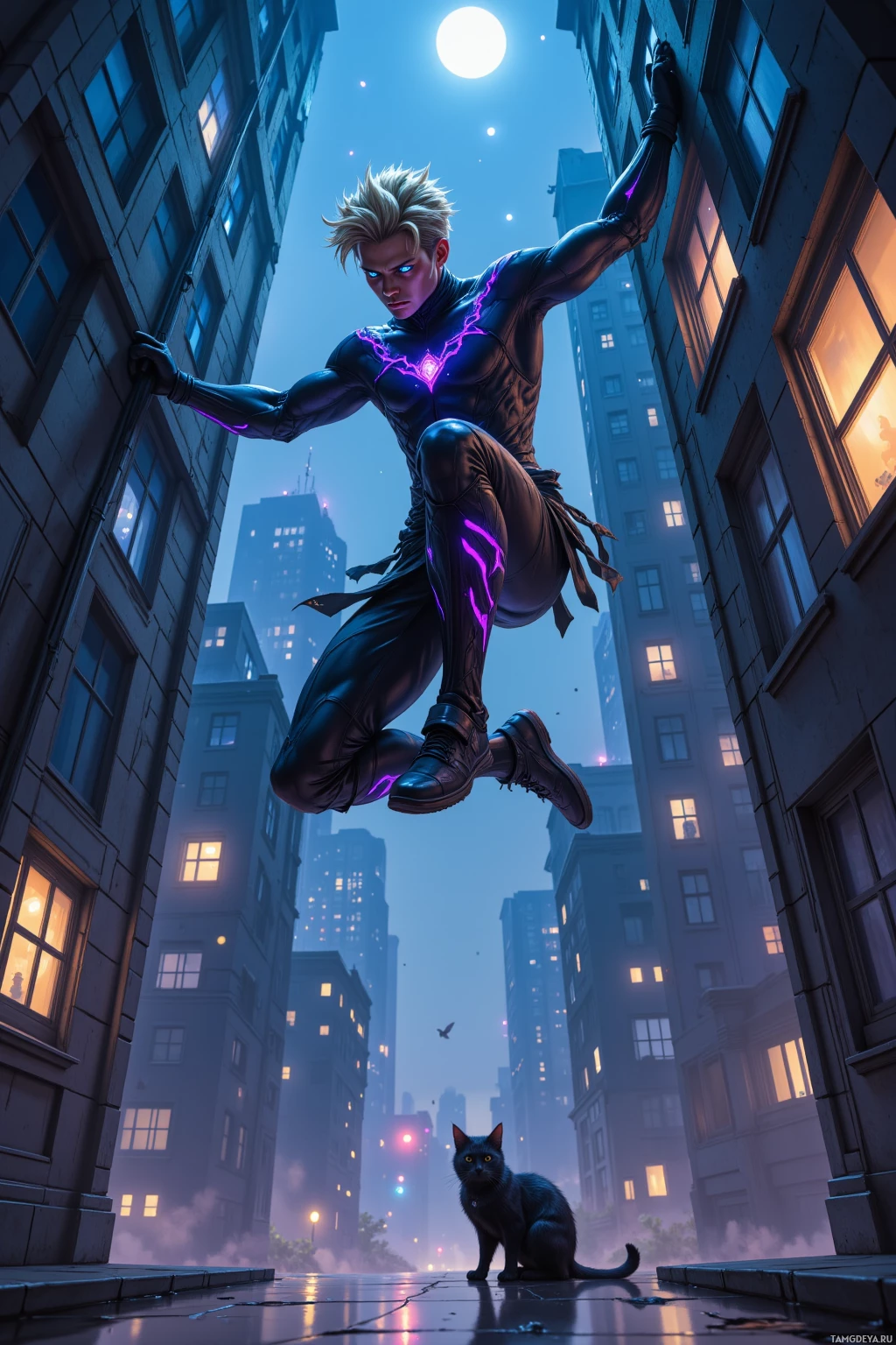 A superhero leaps through a city alleyway at night, illuminated by a full moon.