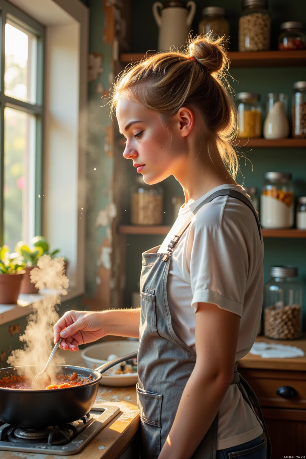 A woman in an apron stirs a steaming pot in a kitchen.
