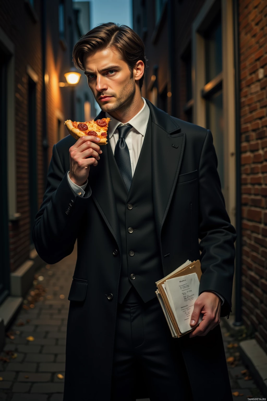 A man in a formal suit holds a slice of pizza and a notebook, standing in an alleyway.
