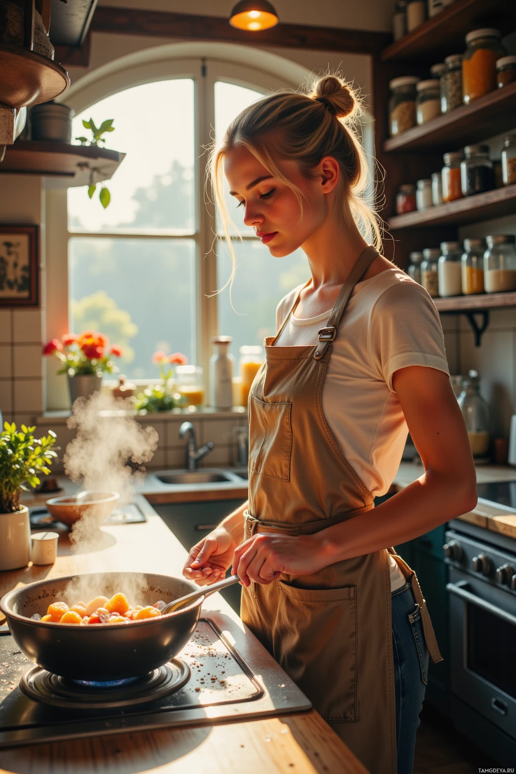 A woman in an apron cooks in a kitchen with natural light streaming in.