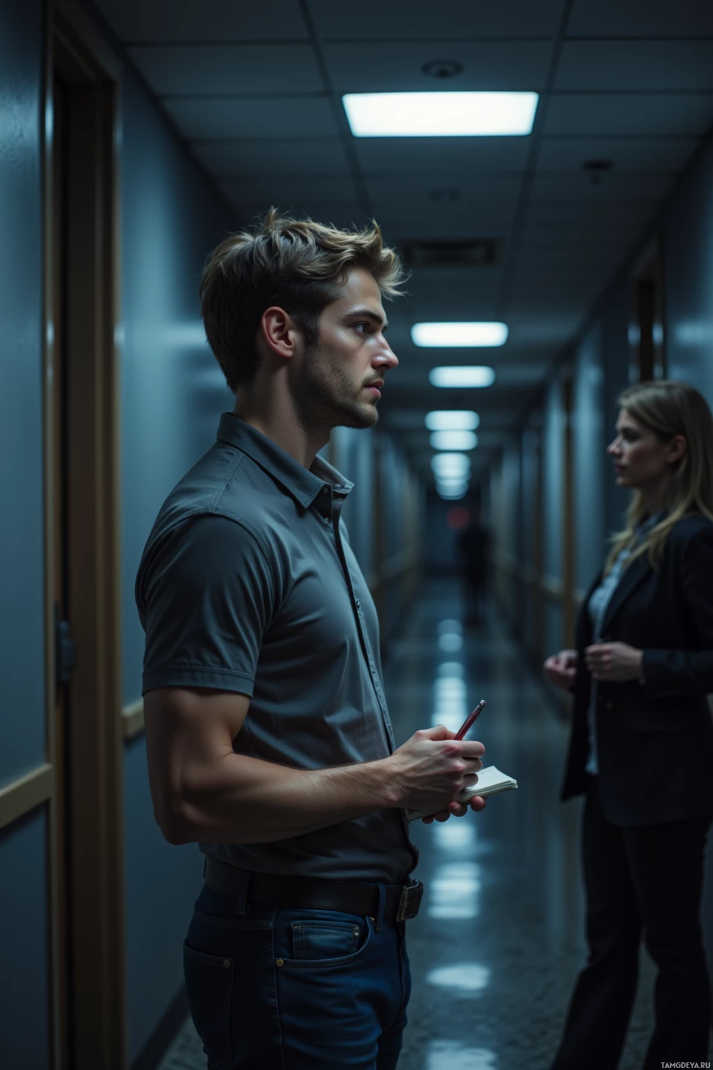 A man in a shirt and jeans stands in a dimly lit hallway, holding a notebook and pen, while a woman in a suit walks behind him.
