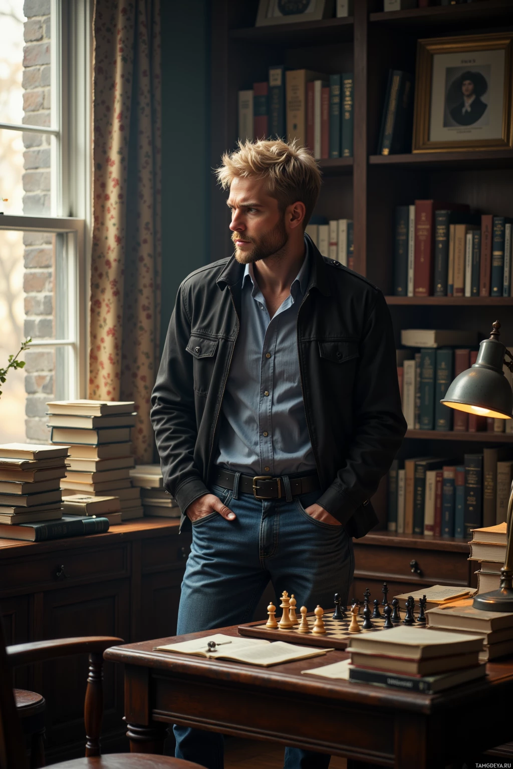A man stands in a study with books and a chessboard on the table.