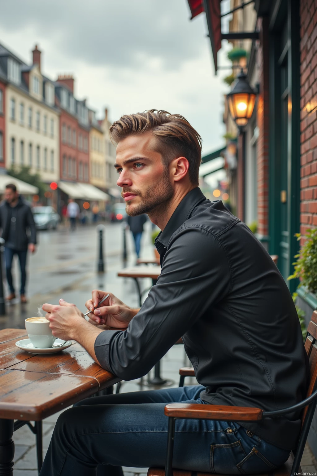 A man sits at an outdoor café table, holding a spoon over a cup of coffee.