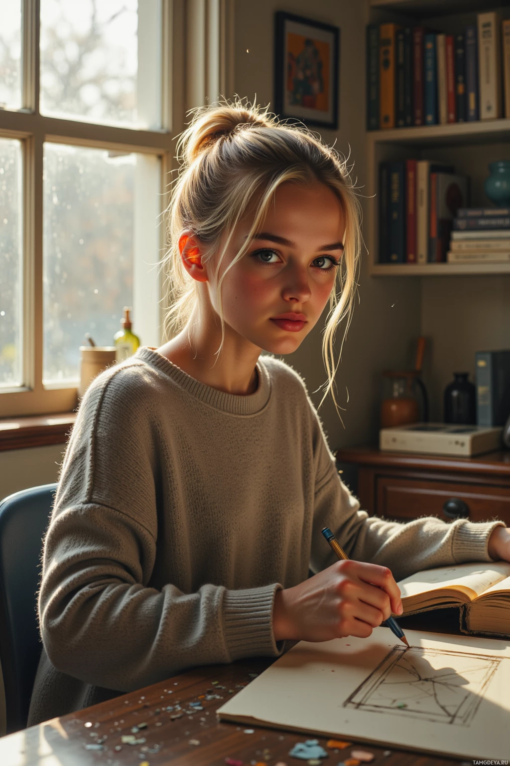 A young person is sitting at a desk, drawing with pastel crayons on a piece of paper.