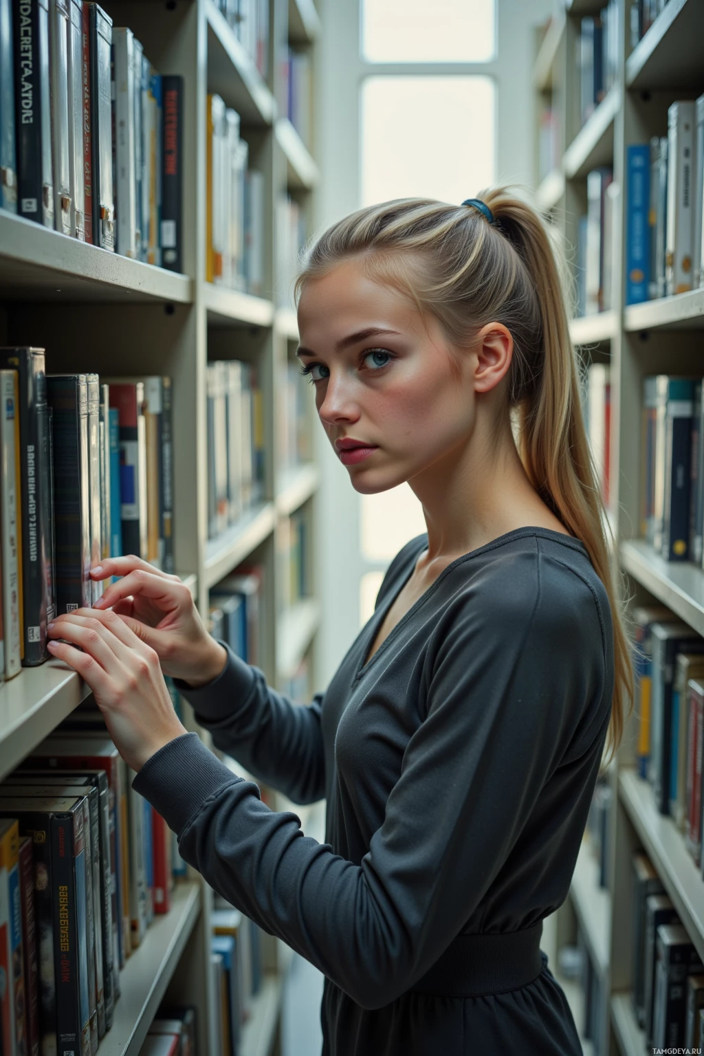 A person in a library browsing books on a shelf.