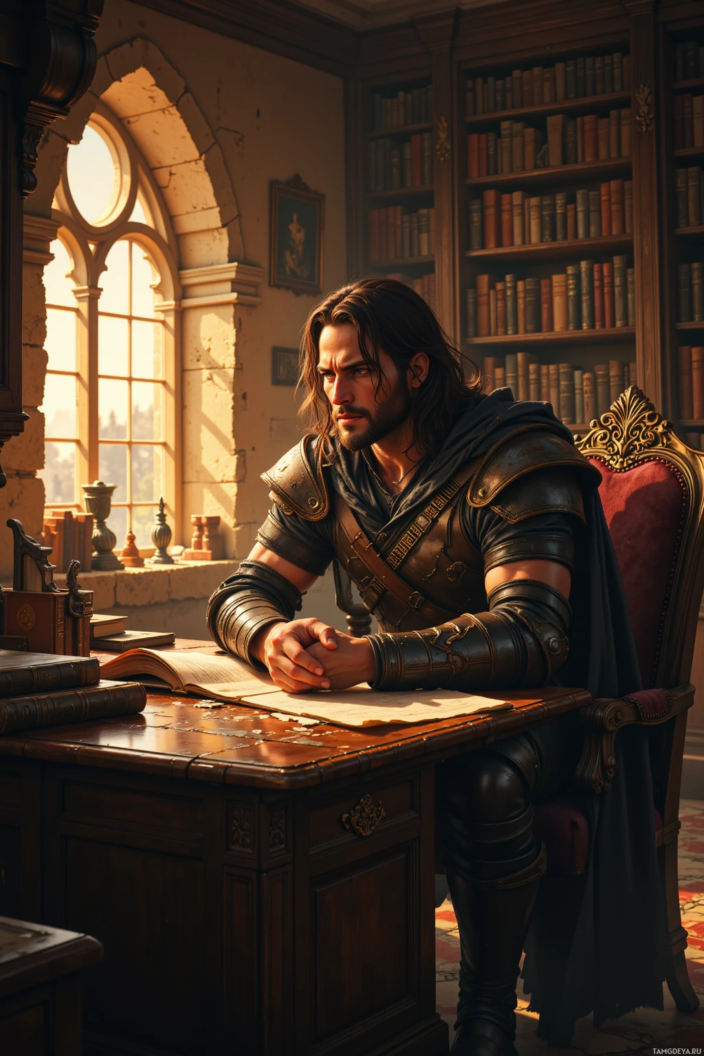 A man in armor sits at a desk in a library, surrounded by books and sunlight streaming through a window.