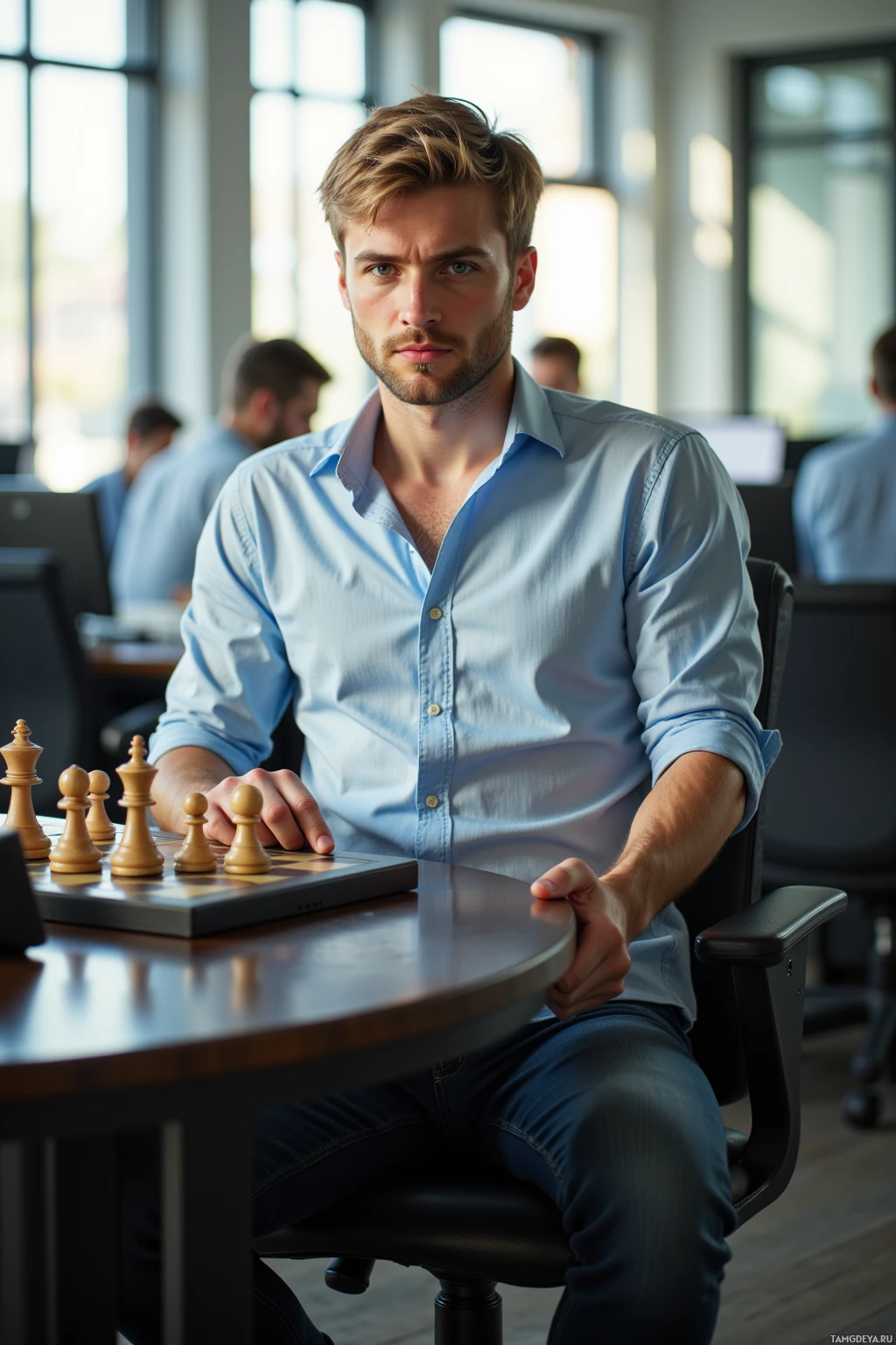 A man in a light blue shirt sits at a table with a chessboard, surrounded by a modern office environment.