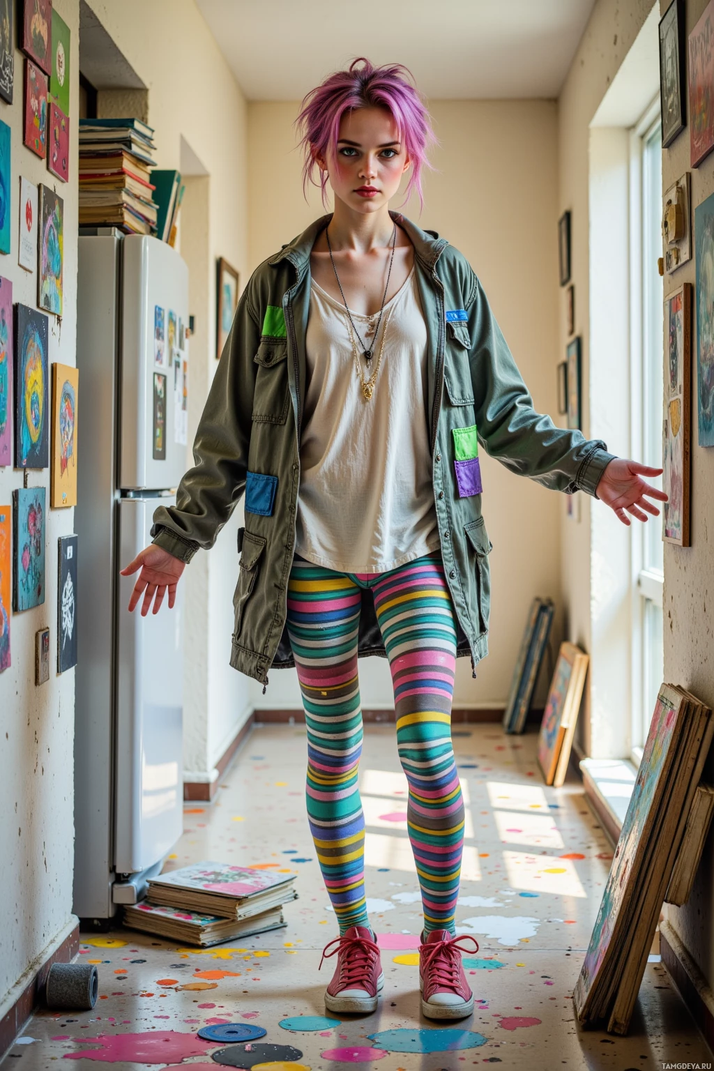 A person stands in a hallway with colorful striped leggings, a green jacket, and a white shirt, surrounded by artwork and books.