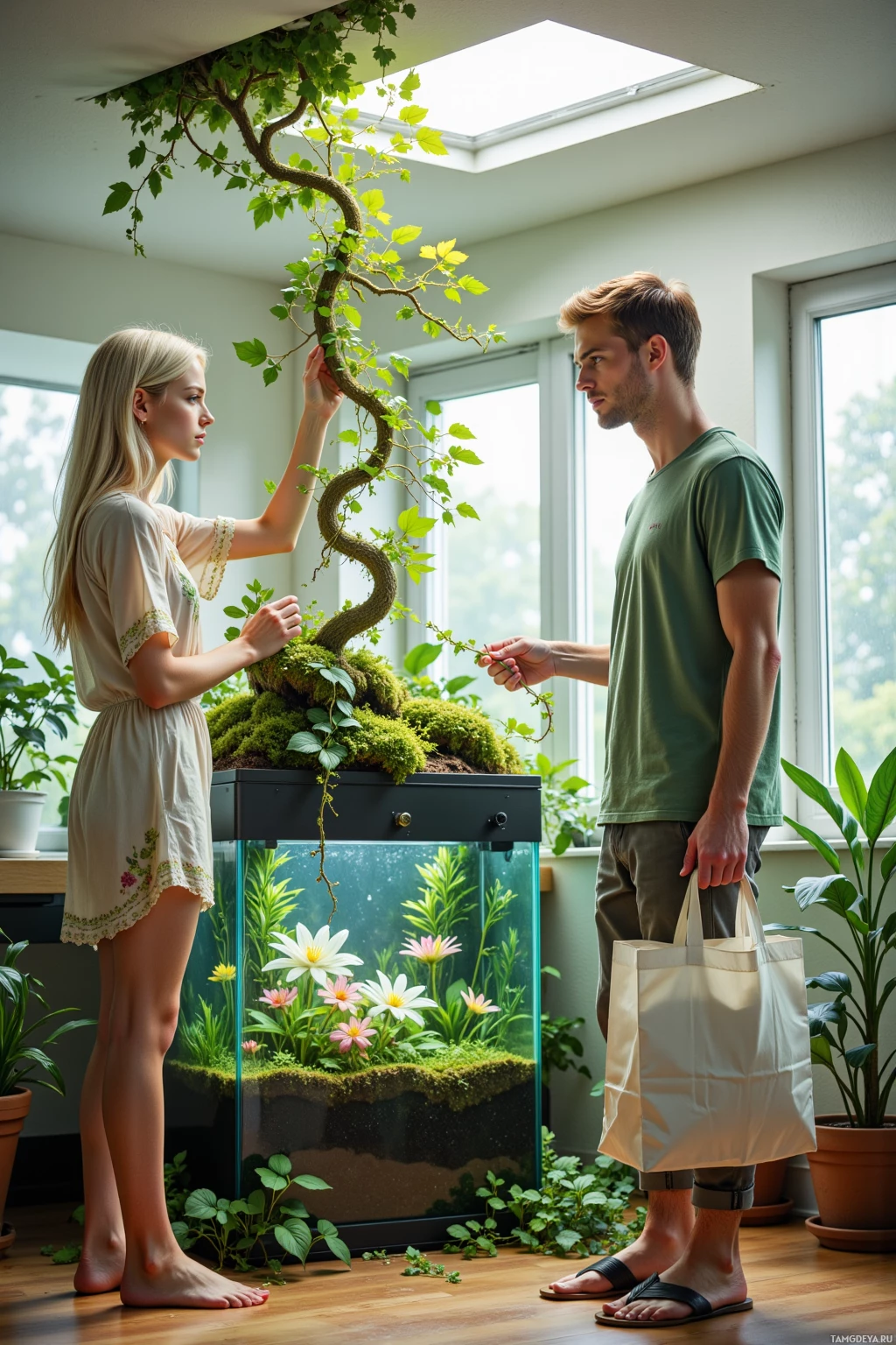 A man and a woman stand near a large aquarium filled with aquatic plants and flowers, surrounded by indoor greenery.