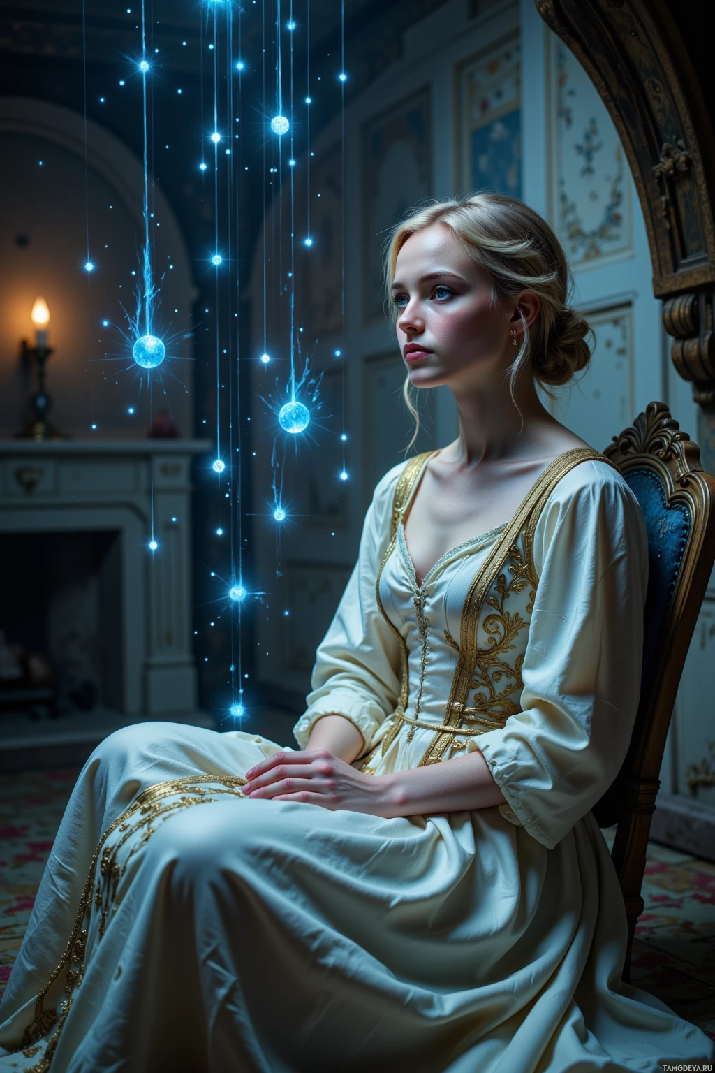 A woman in a white gown with gold embroidery sits on a chair, surrounded by glowing blue orbs.