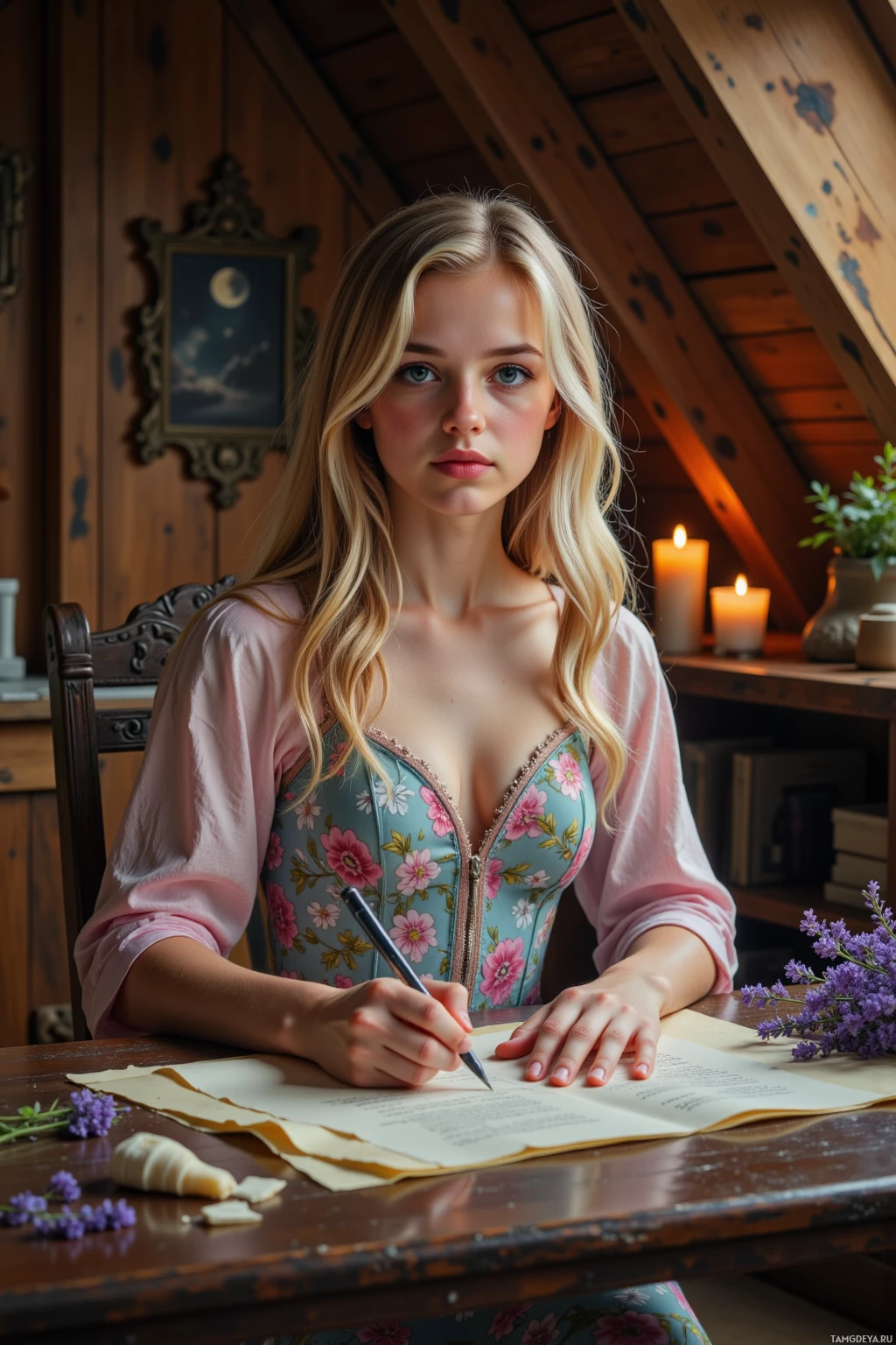 A woman in a floral dress sits at a wooden table, writing with a quill pen.