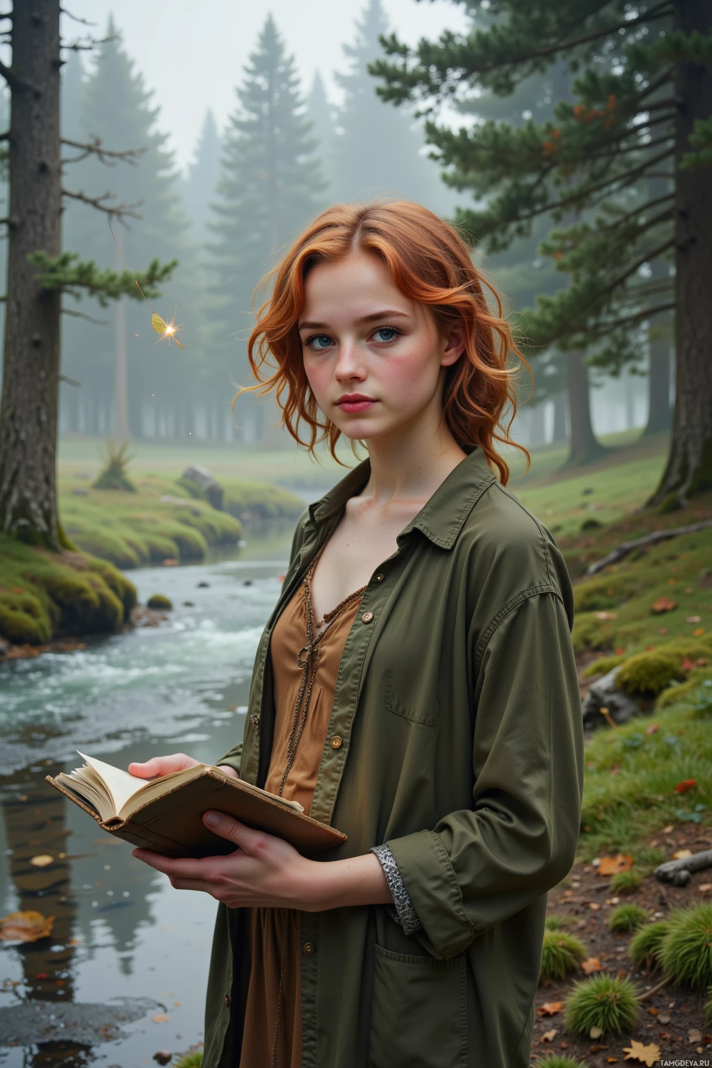 A person stands in a misty forest holding an open book.