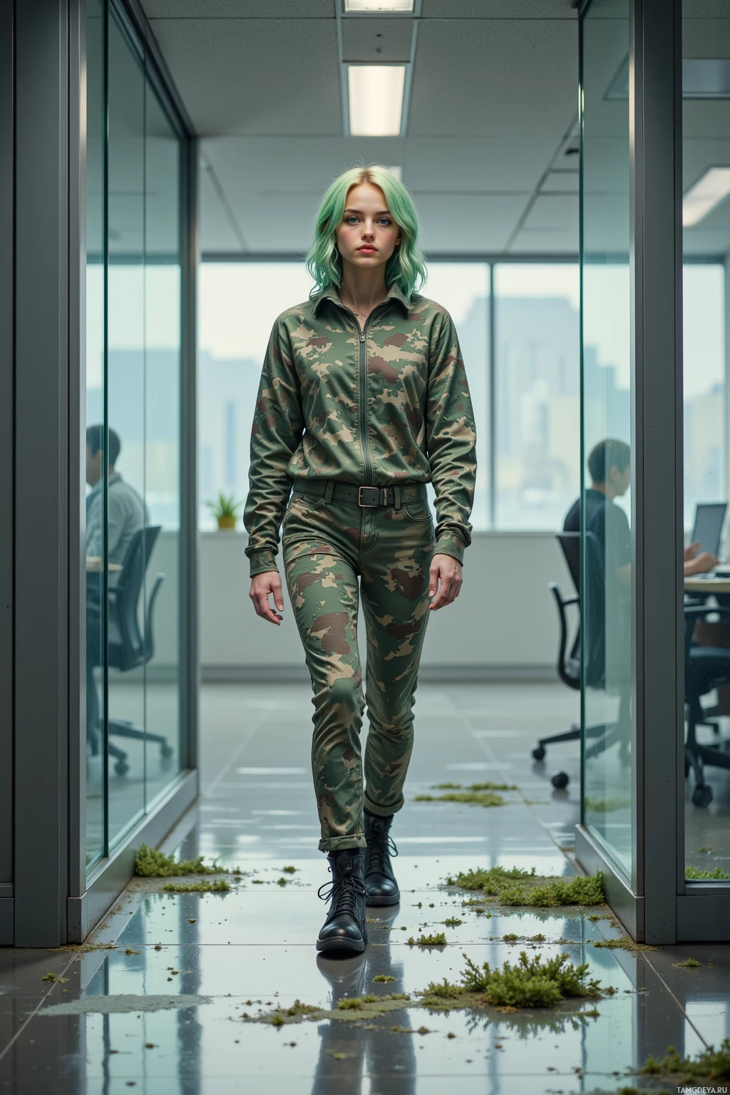 A person in a camouflage uniform walks through a modern office hallway.