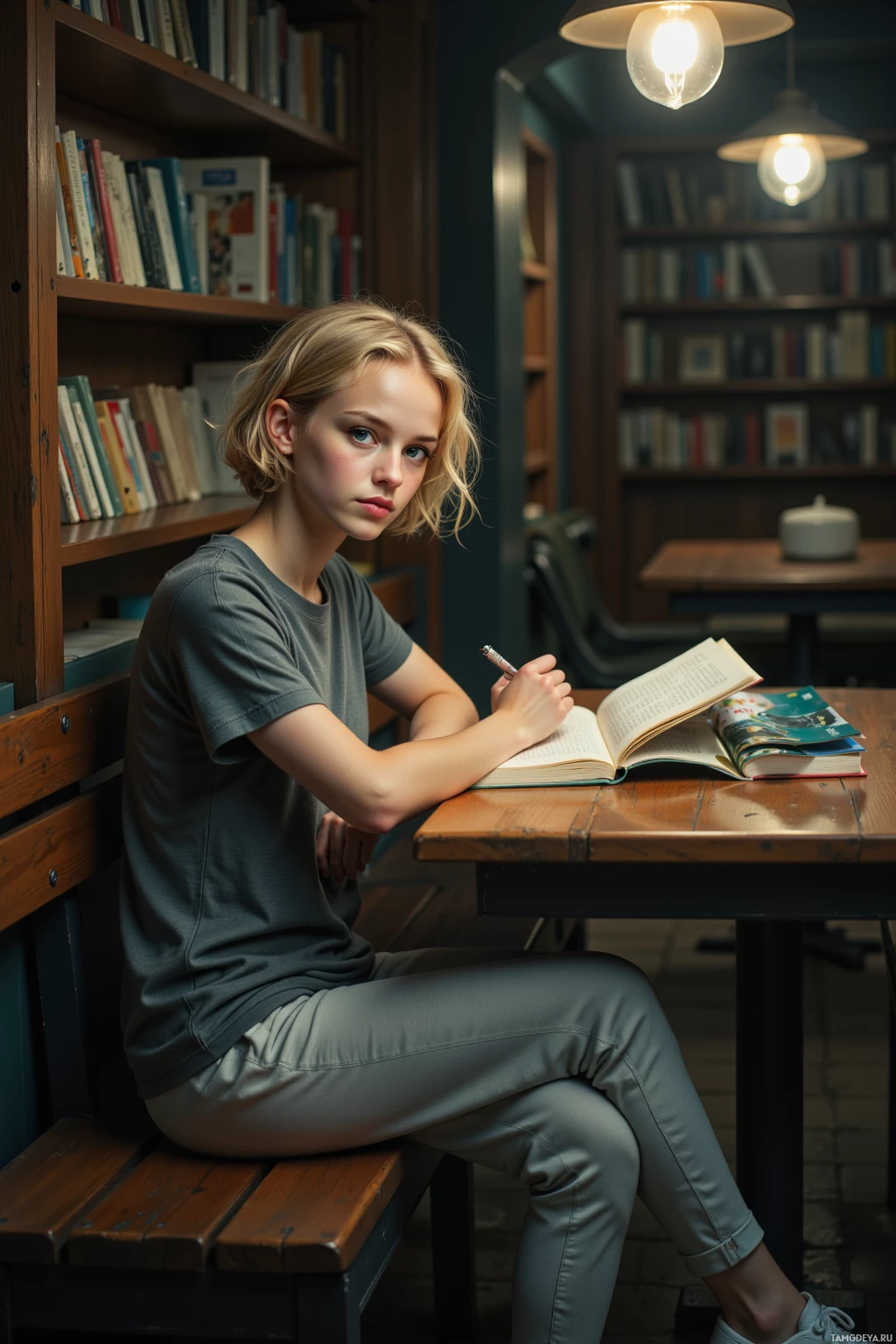 A young person sits at a desk in a library, writing in a notebook.