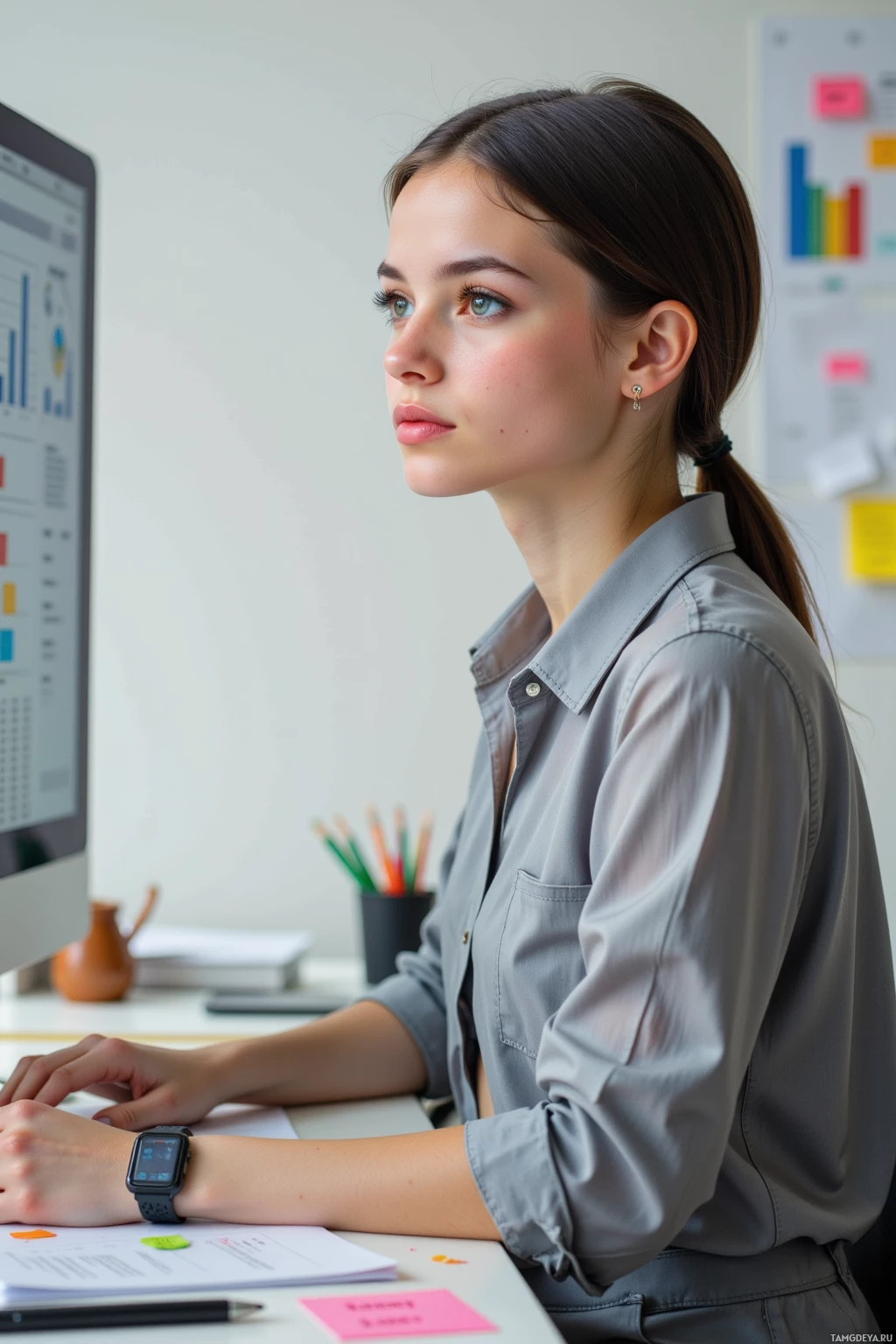 A woman is working at a desk in an office setting.