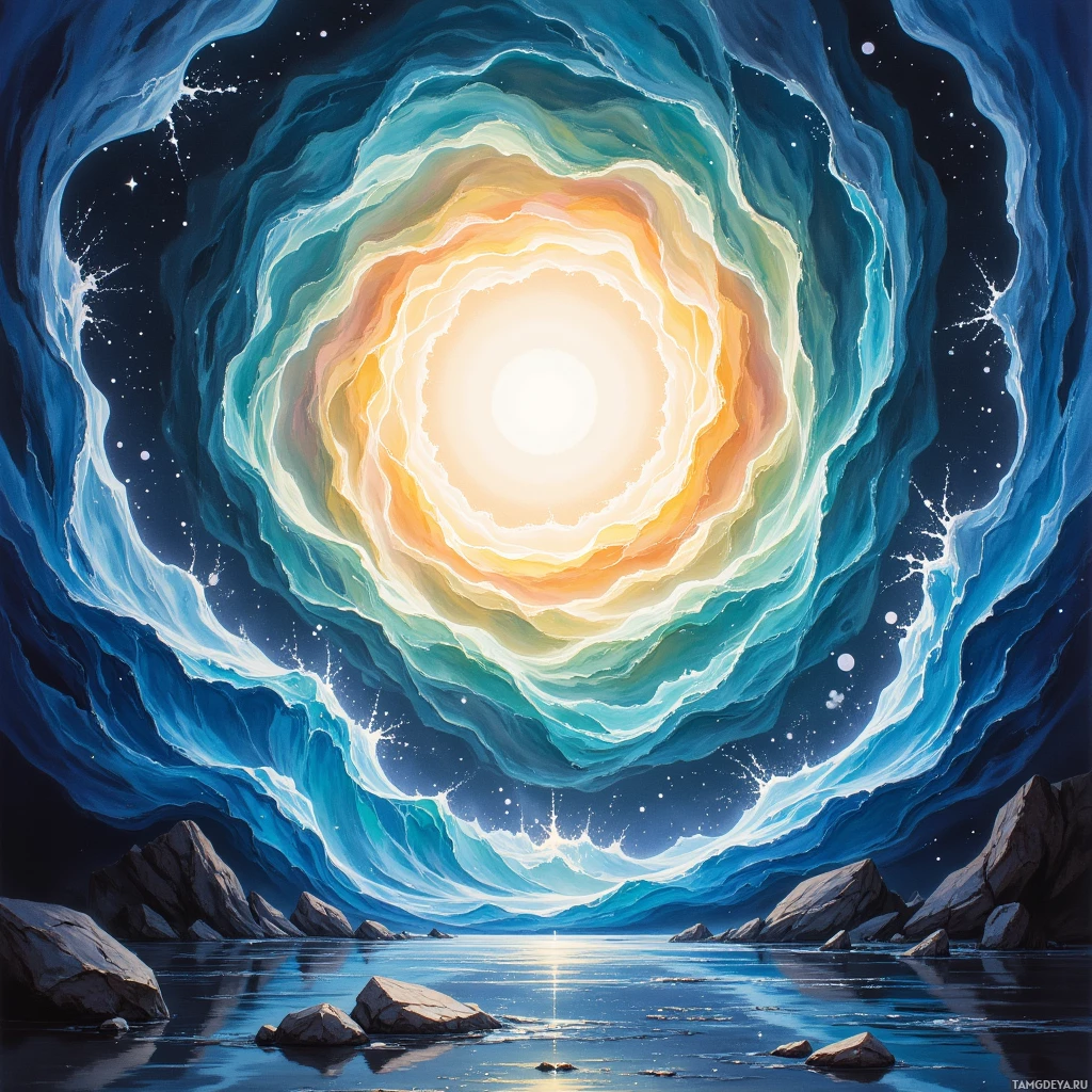 A serene night scene with a glowing celestial portal over a calm body of water and rocky shore.