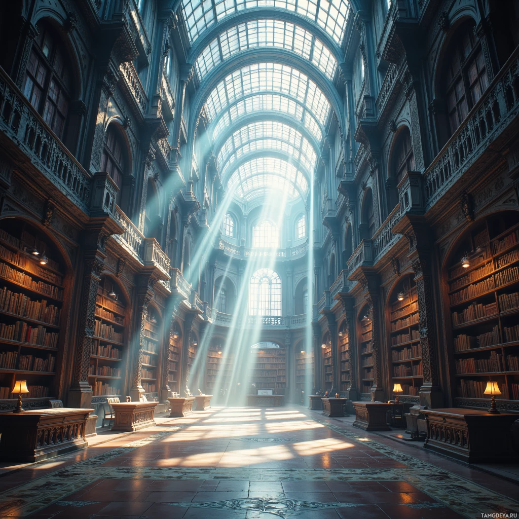 A grand library with high arched ceilings, sunlight streaming through, and rows of bookshelves.