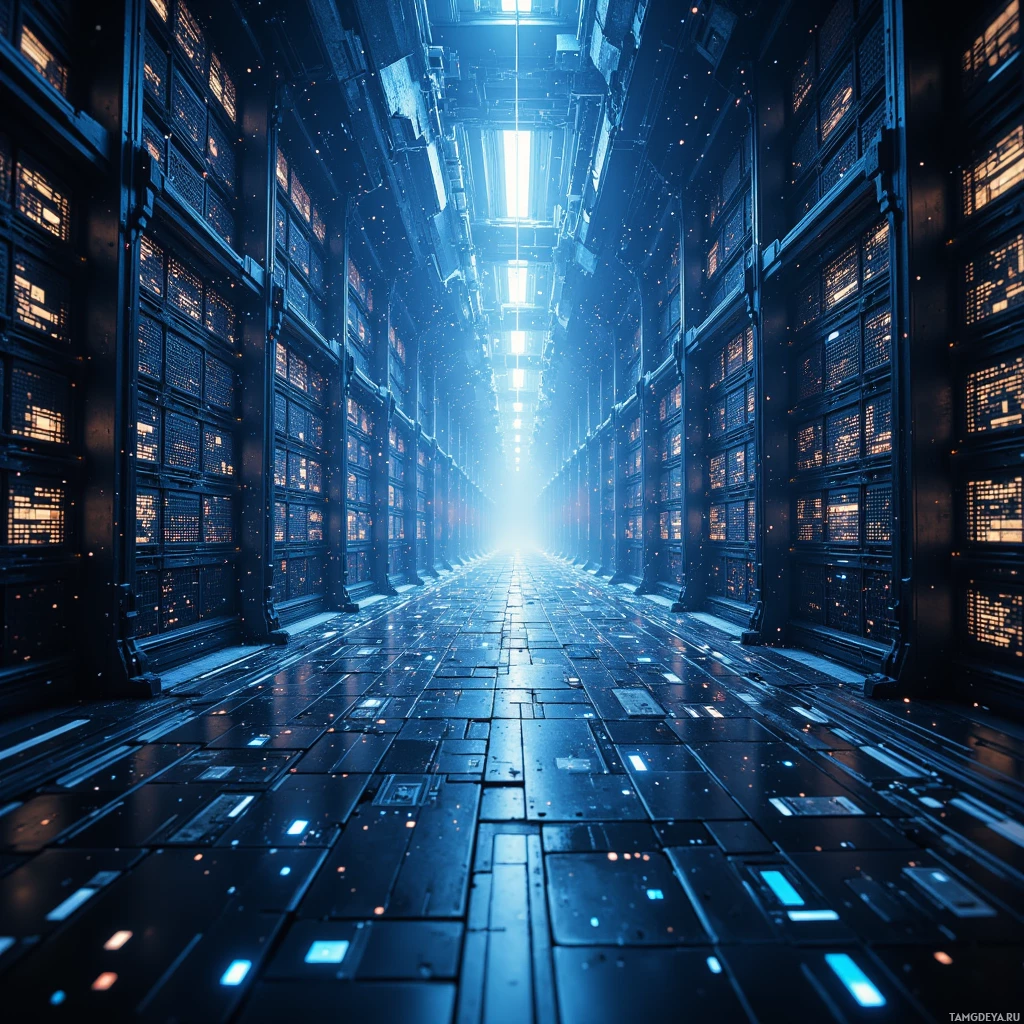 A futuristic corridor with glowing blue lights and intricate architectural details.