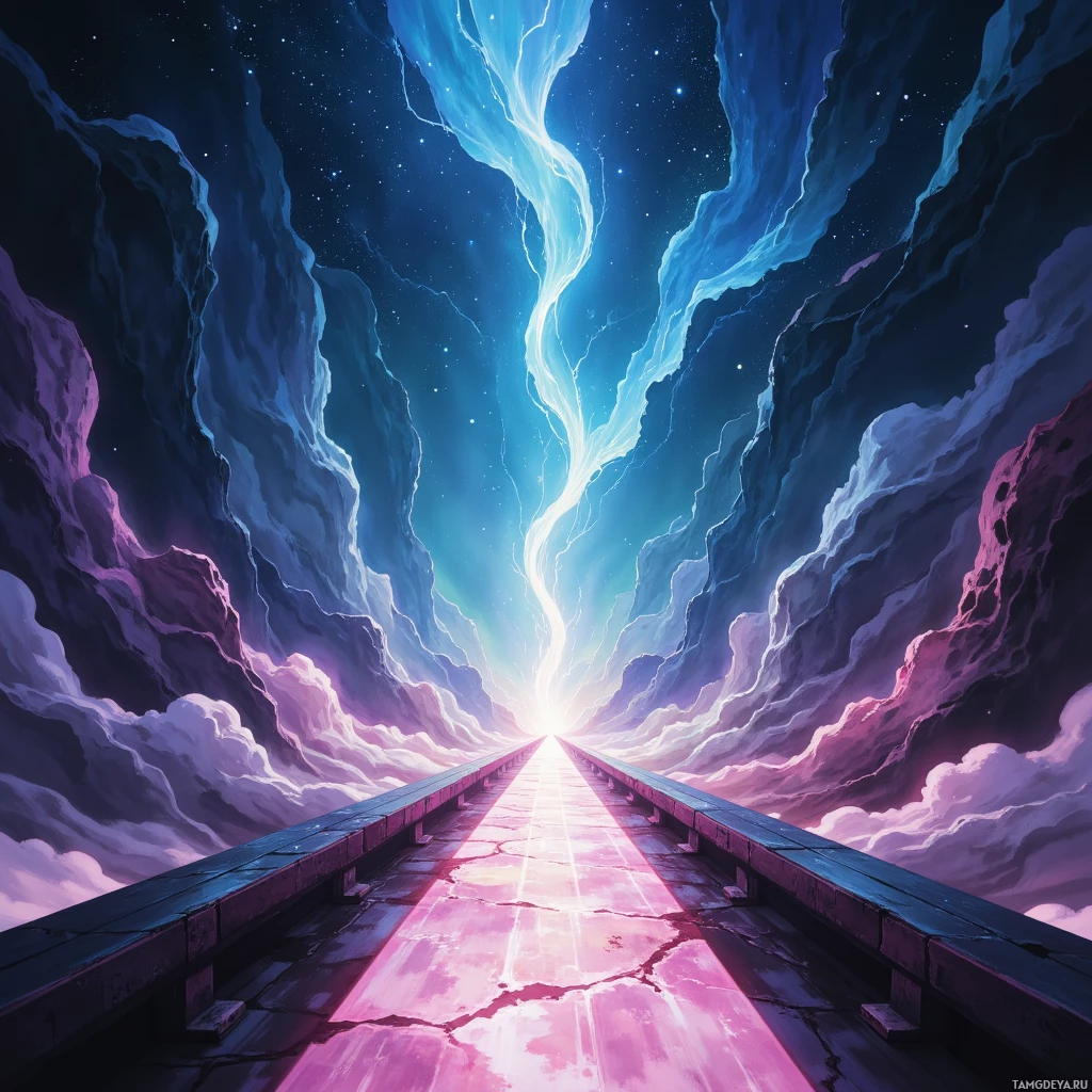 A vibrant, cosmic scene with a glowing path leading towards a bright light at the end.