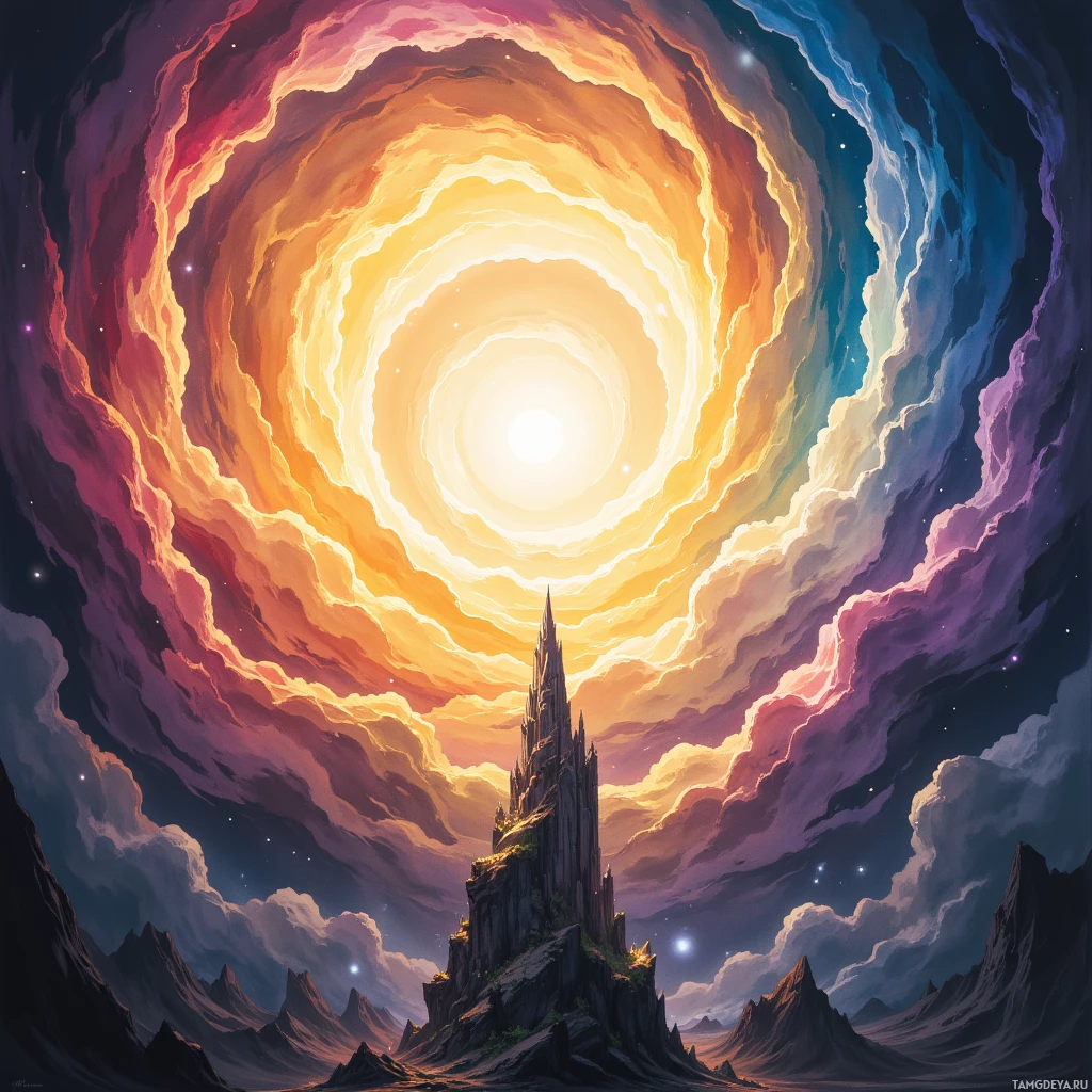 A fantastical landscape featuring a towering castle amidst a swirling, colorful sky.