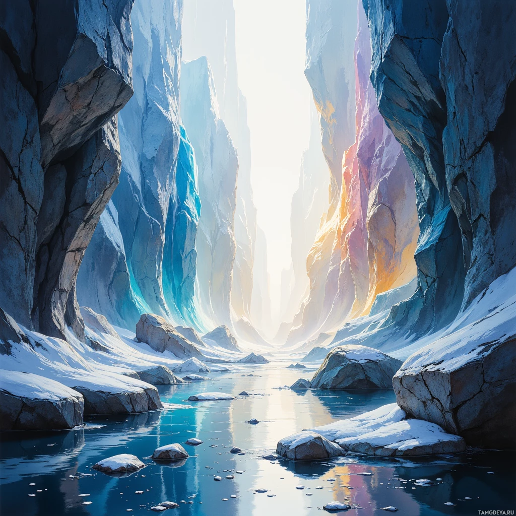A serene, icy landscape with towering cliffs and a calm, reflective waterway.