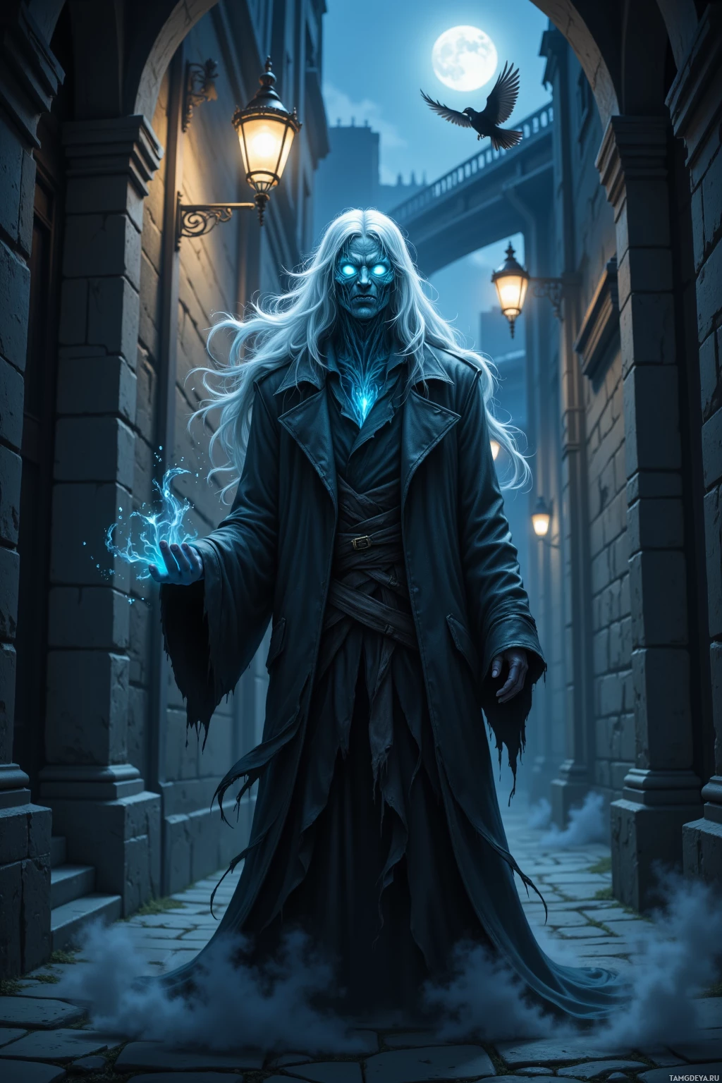 A spectral figure with glowing blue eyes and long white hair stands in a dimly lit alleyway under a full moon.
