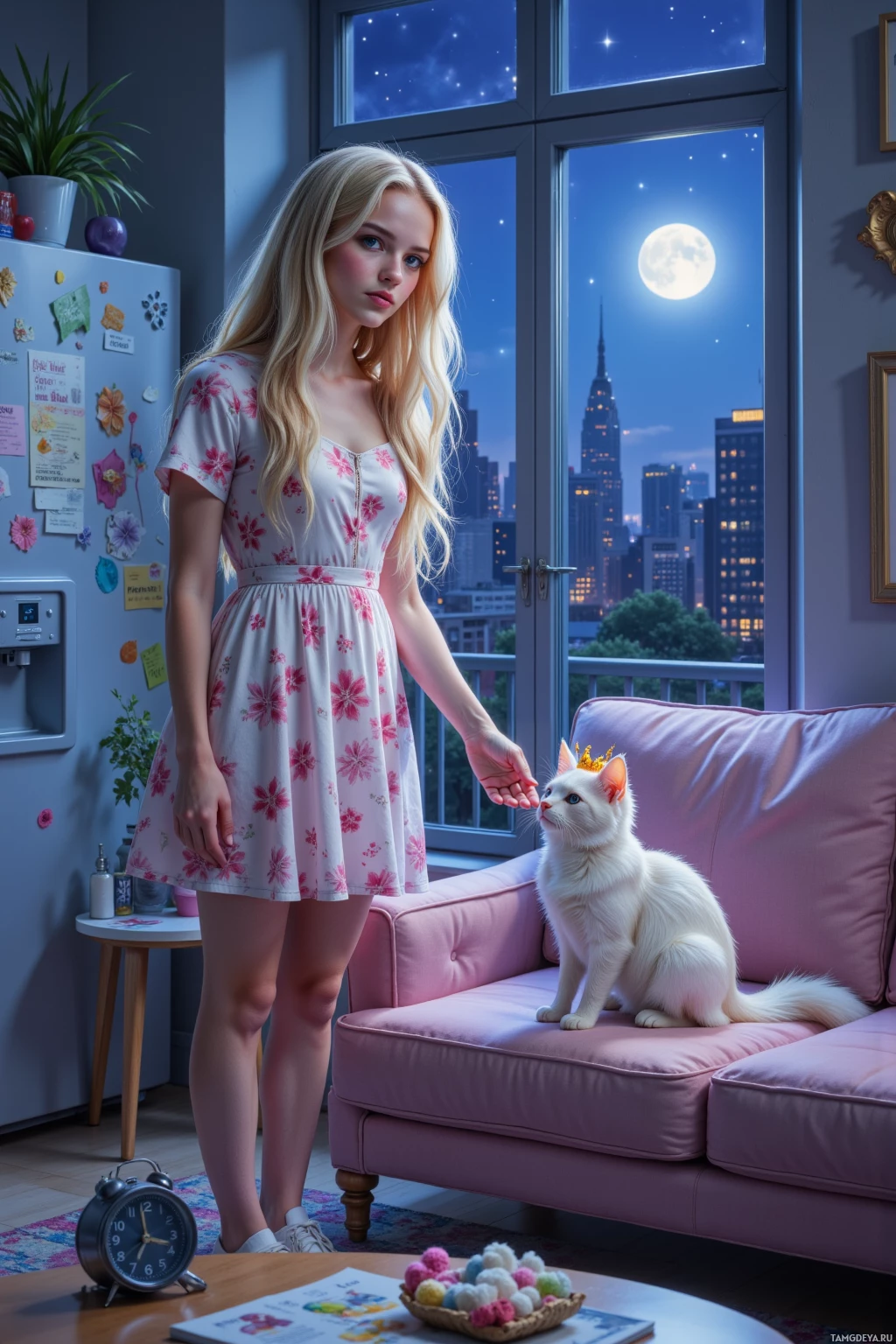 A young woman in a floral dress stands beside a white cat wearing a crown, in a cozy room with a cityscape view through the window.