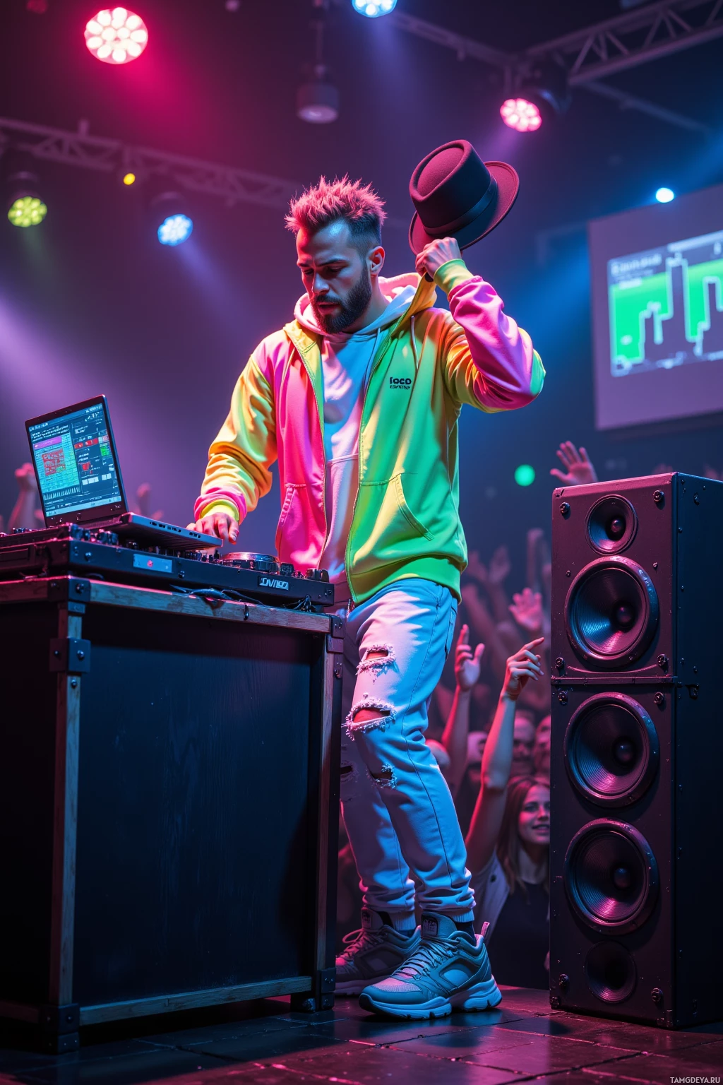 A DJ performs on stage with colorful lighting and a crowd in the background.
