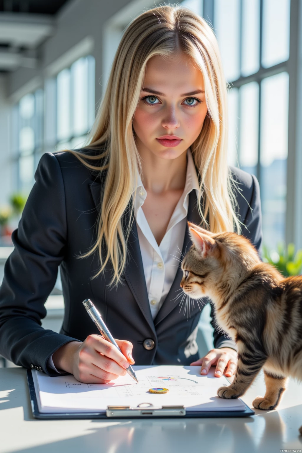 A woman in a professional setting is writing on a clipboard with a cat standing nearby.