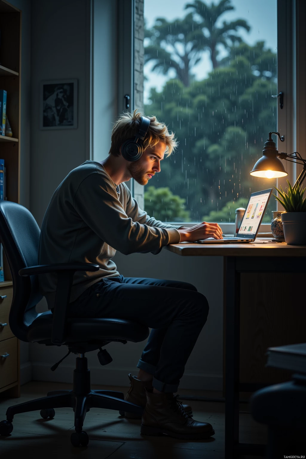A person wearing headphones works on a laptop at a desk by a window with rain outside.