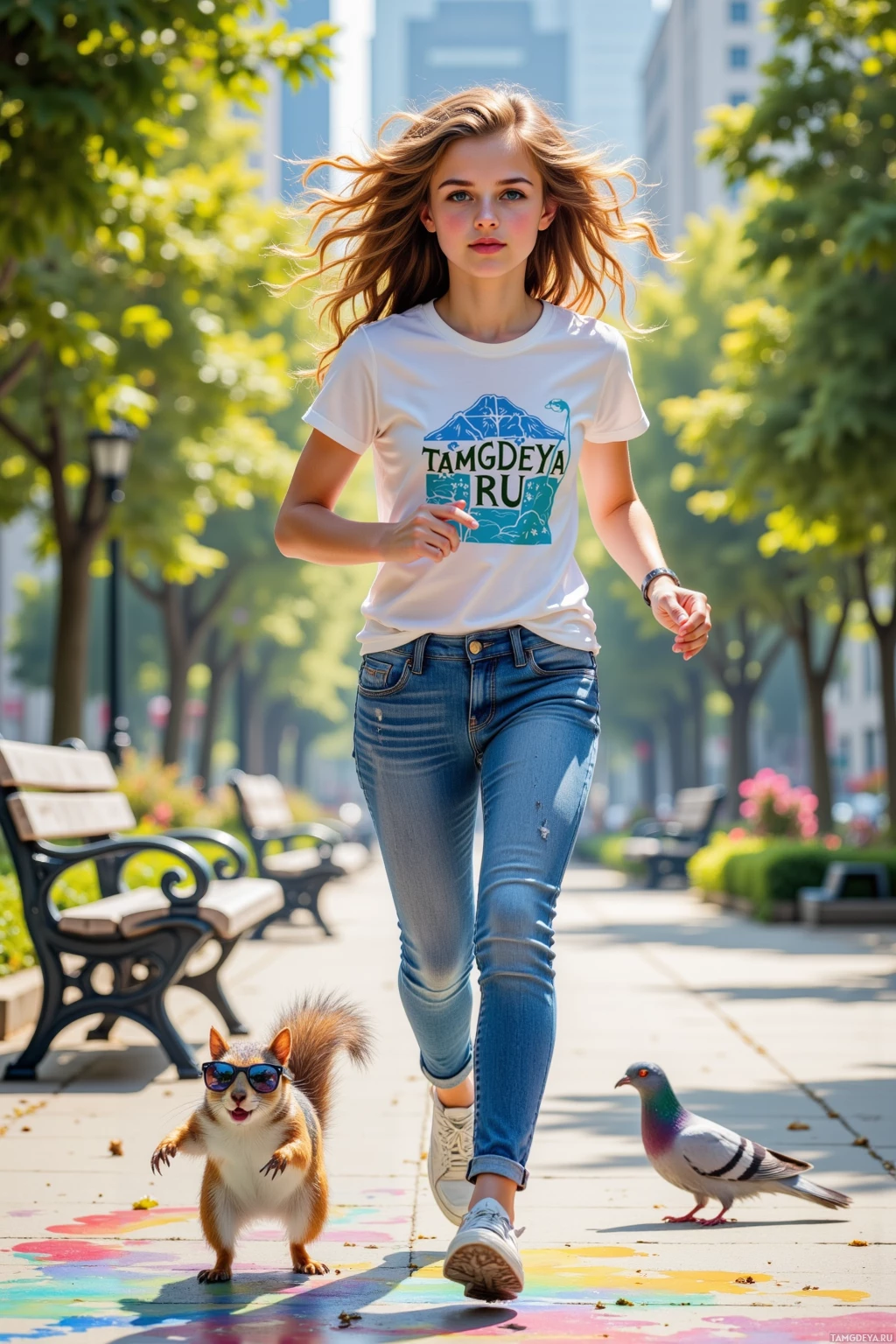 A woman walks on a sidewalk with a squirrel and a pigeon nearby.