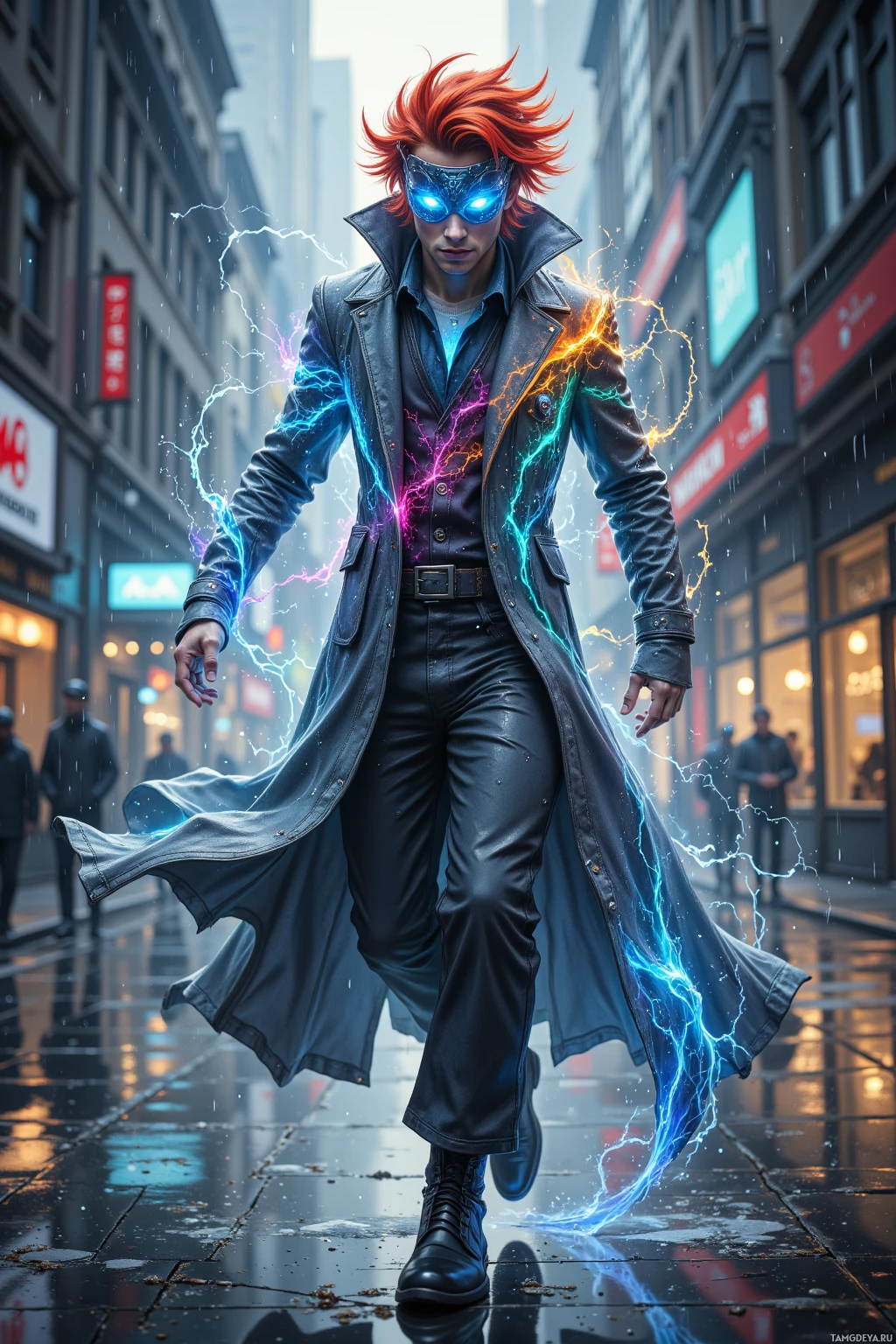 A man in a leather trench coat and mask stands on a rainy city street with electric energy crackling around him.