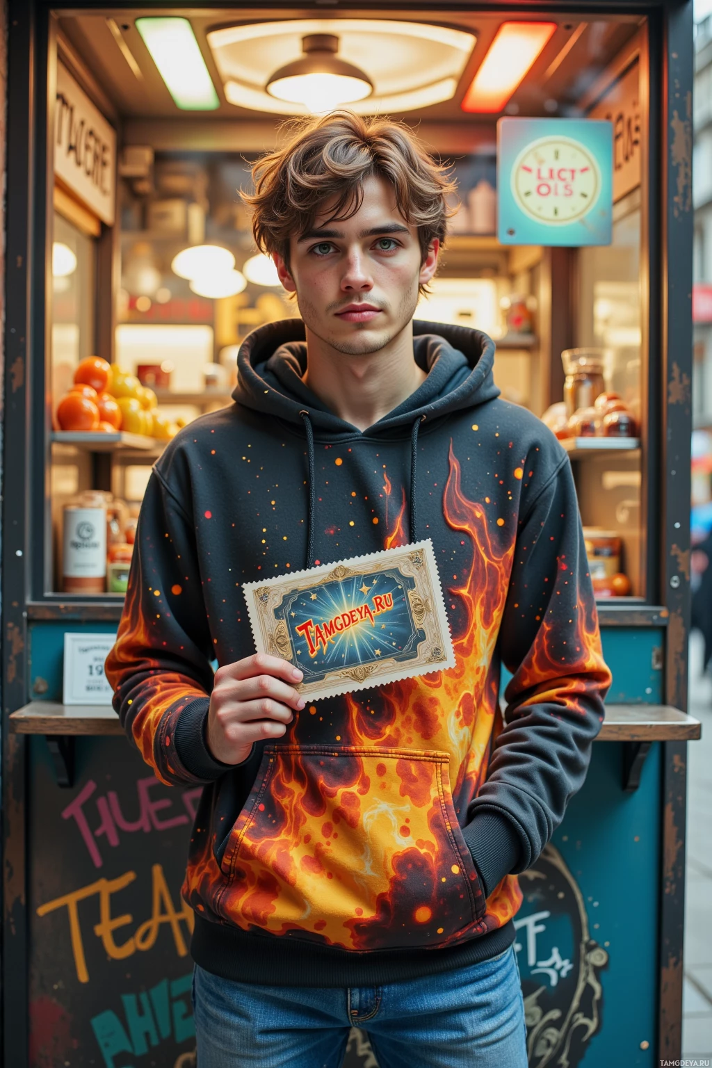 A person wearing a hoodie with a fiery design stands in front of a food stall.
