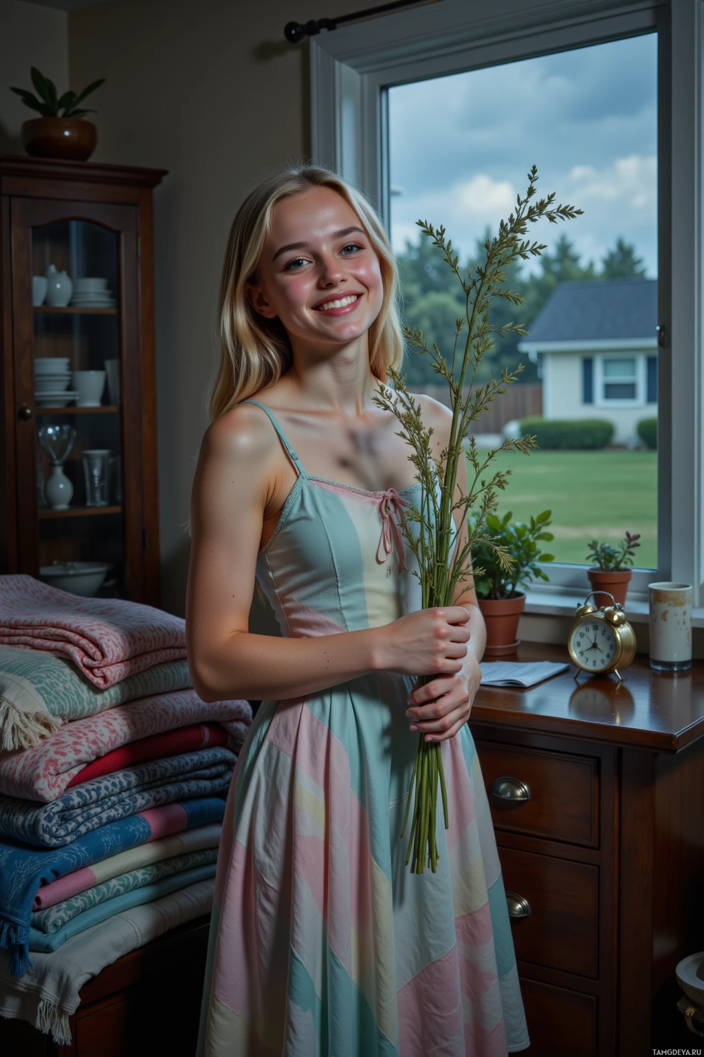 A young woman in a pastel dress holds a bouquet of flowers, standing indoors near a window.