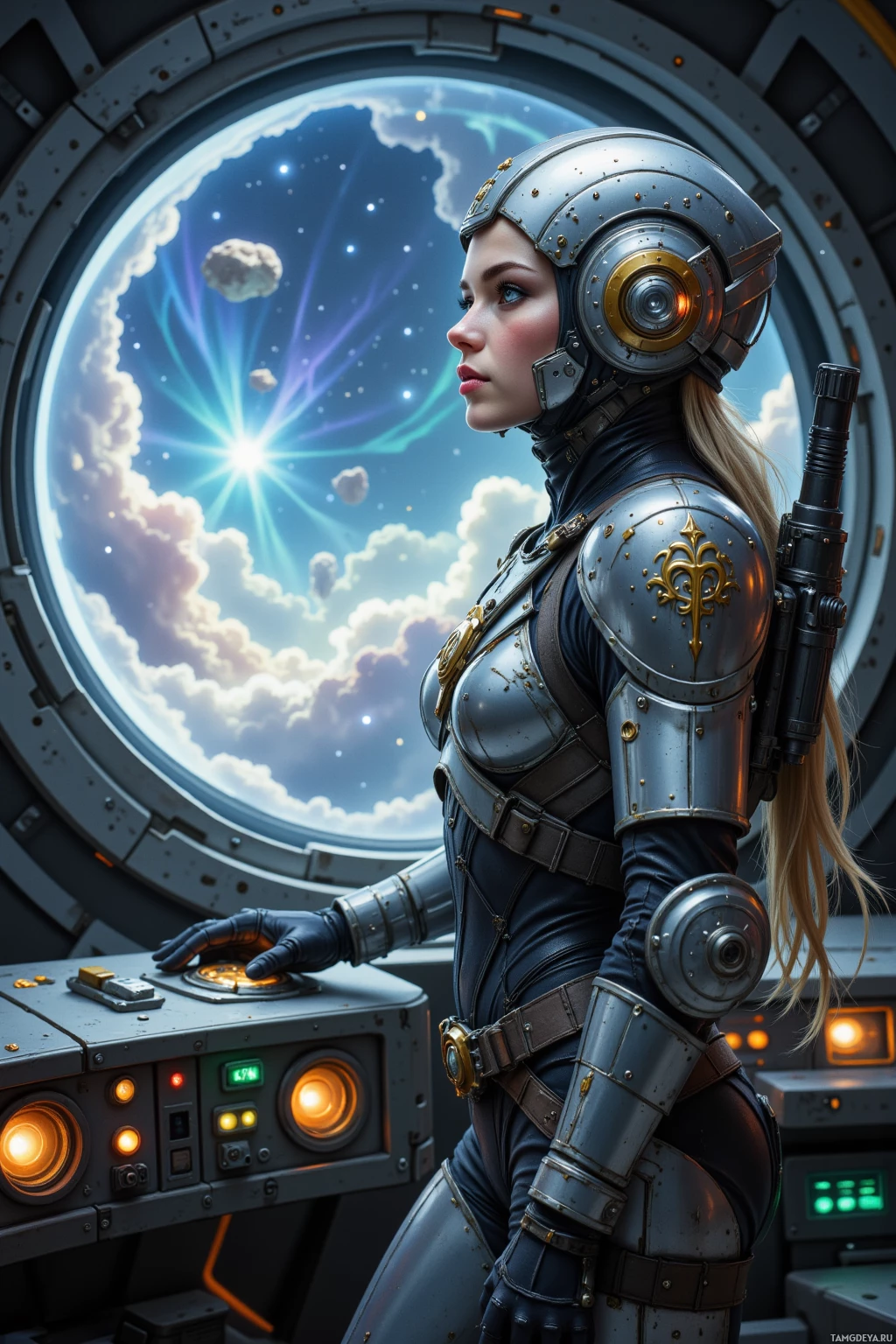 A woman in futuristic armor stands at a control panel, gazing out at a bright, starry sky from a spacecraft.