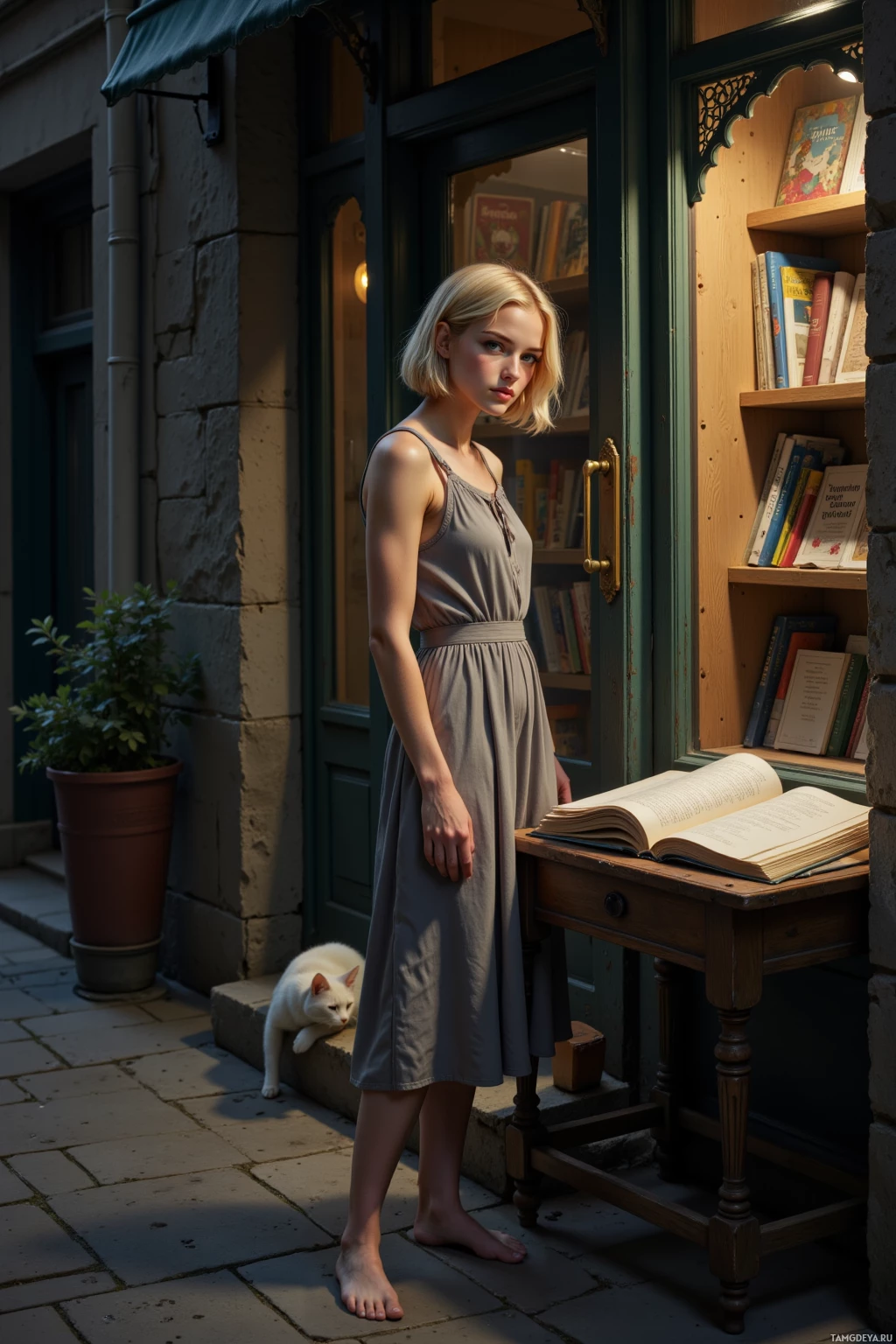 A woman in a gray dress stands beside a bookshelf with an open book, a white cat rests nearby.
