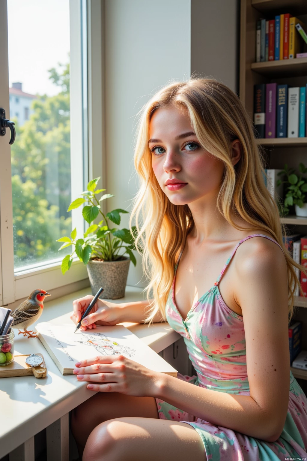 A young woman sits by a window, drawing with a pen.