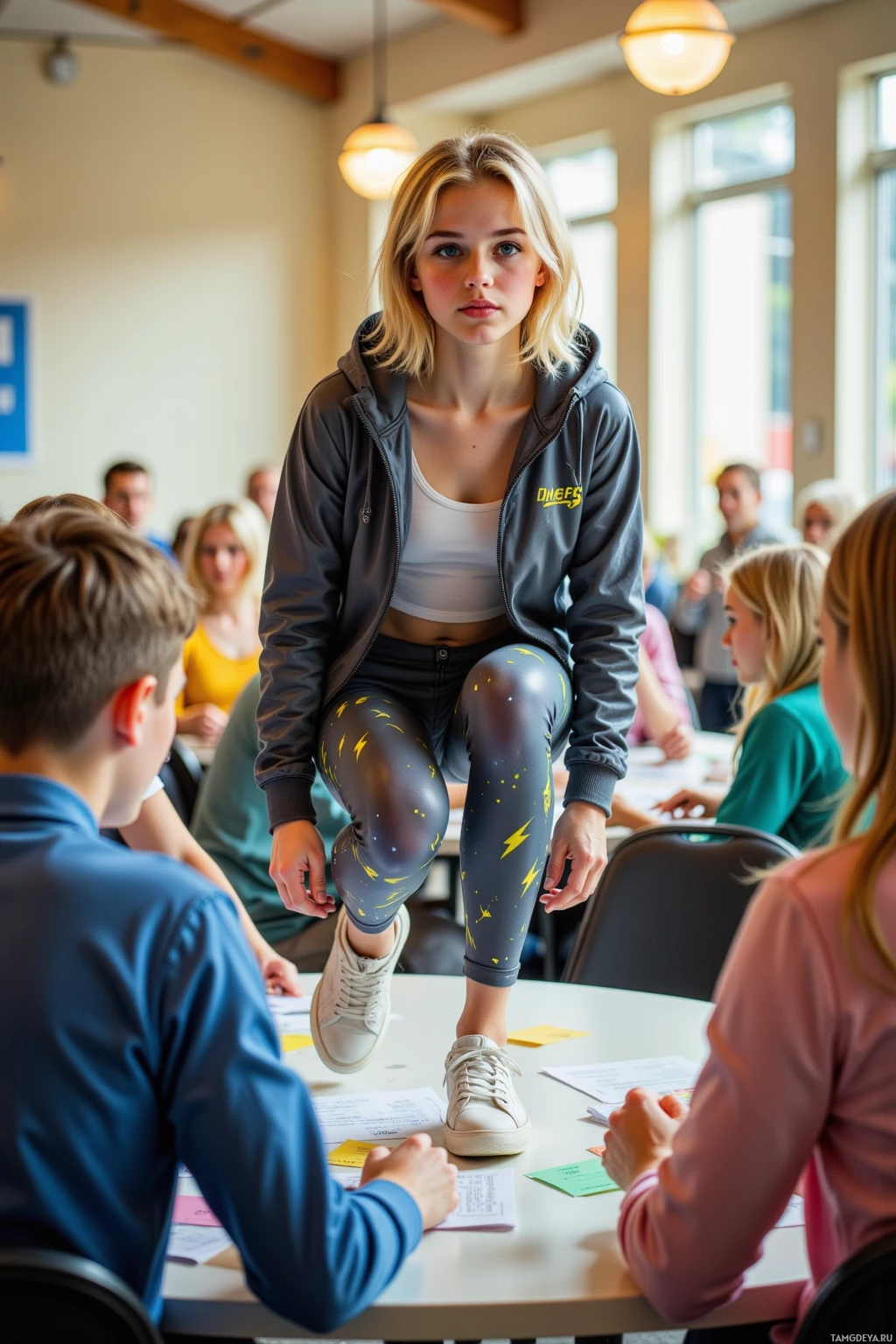 A young woman stands on a table in a classroom setting, surrounded by seated students.