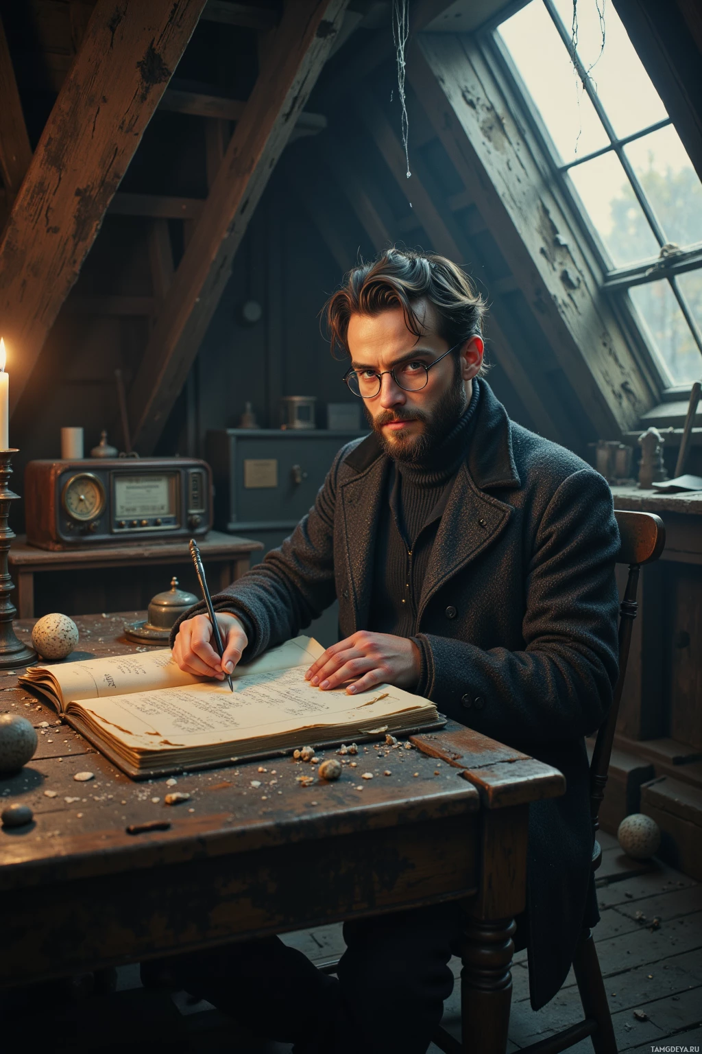 A man sits at a rustic desk, writing in a notebook with a vintage radio and candlelight in the background.