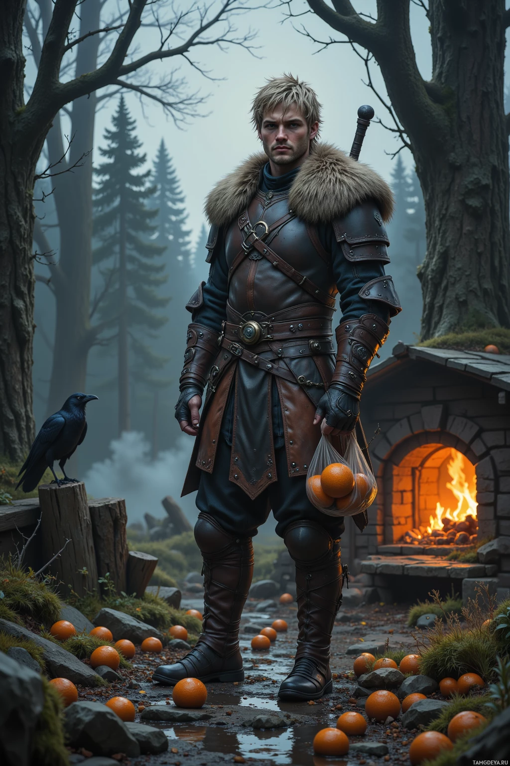 A warrior in leather armor stands in a misty forest, holding a bag of oranges near a stone fireplace.