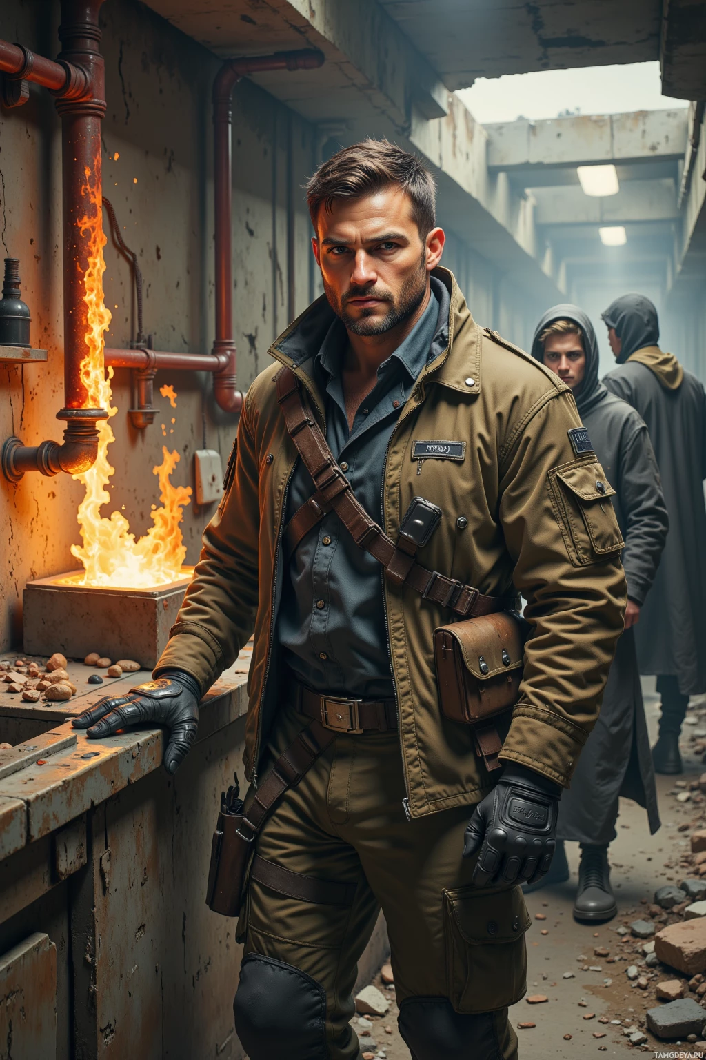A man in a rugged, military-style outfit stands in a dimly lit, industrial setting with flames visible in the background.