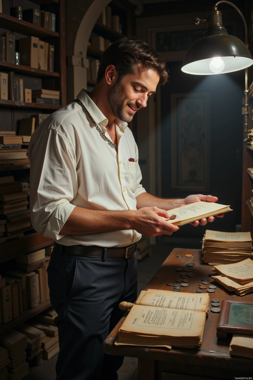 A man in a white shirt reads an open book in a dimly lit room with shelves of books.
